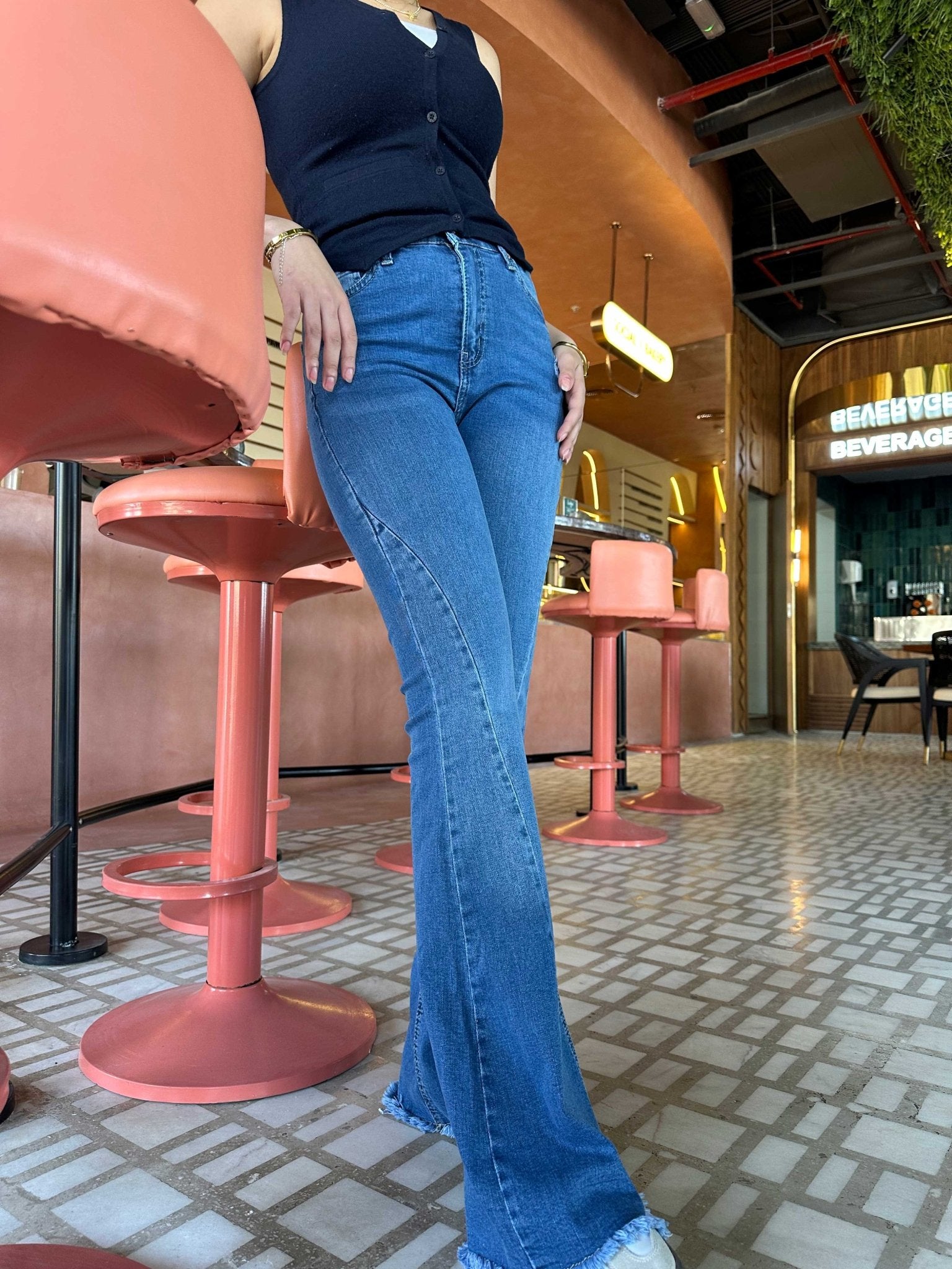 Exaggerated Flare - Raw Hem Bright Blue Jeans with Pink Tuck Detail Flare CIZARO - Cizaro Jeans