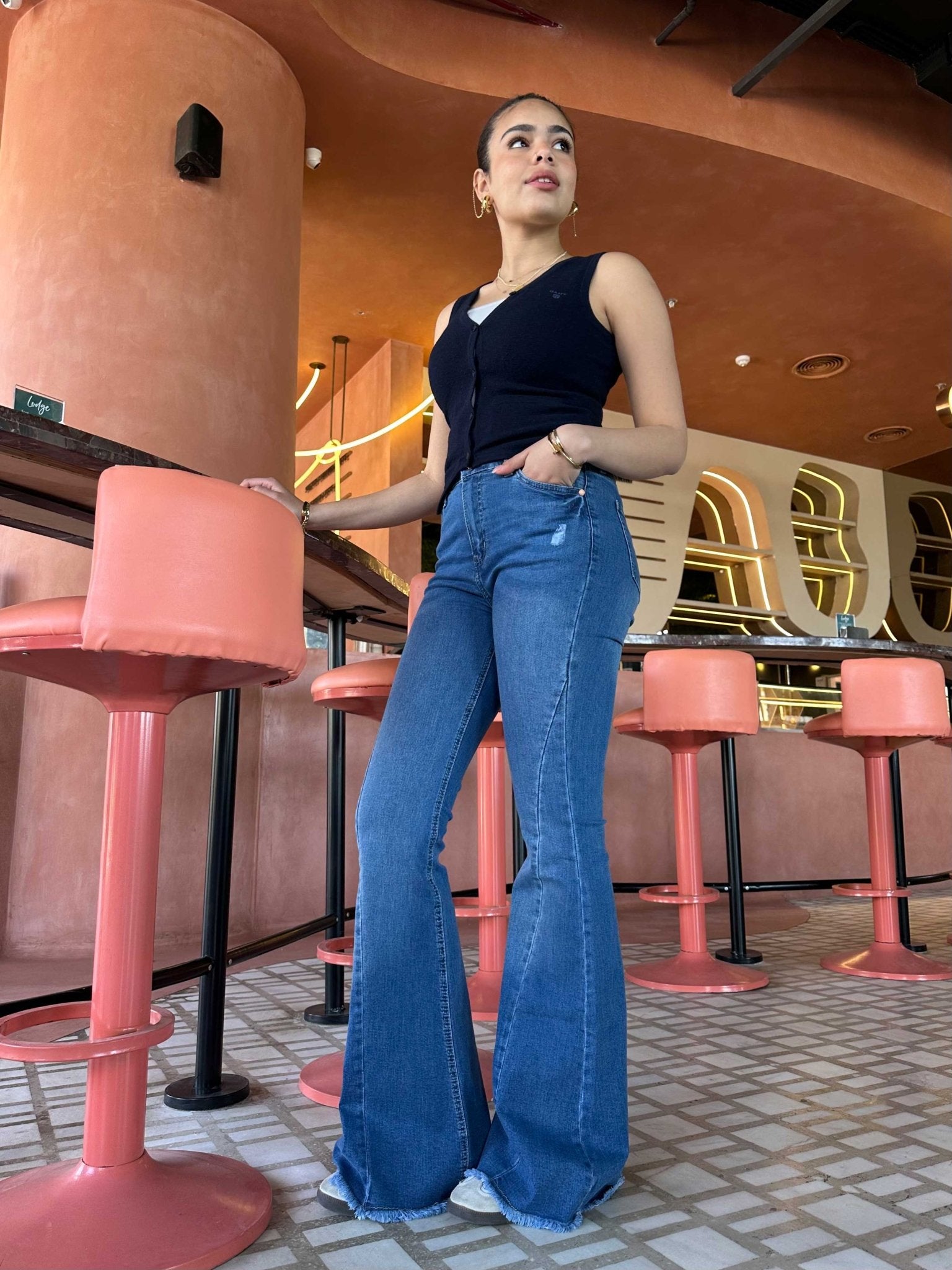 Exaggerated Flare - Raw Hem Bright Blue Jeans with Pink Tuck Detail Flare CIZARO - Cizaro Jeans