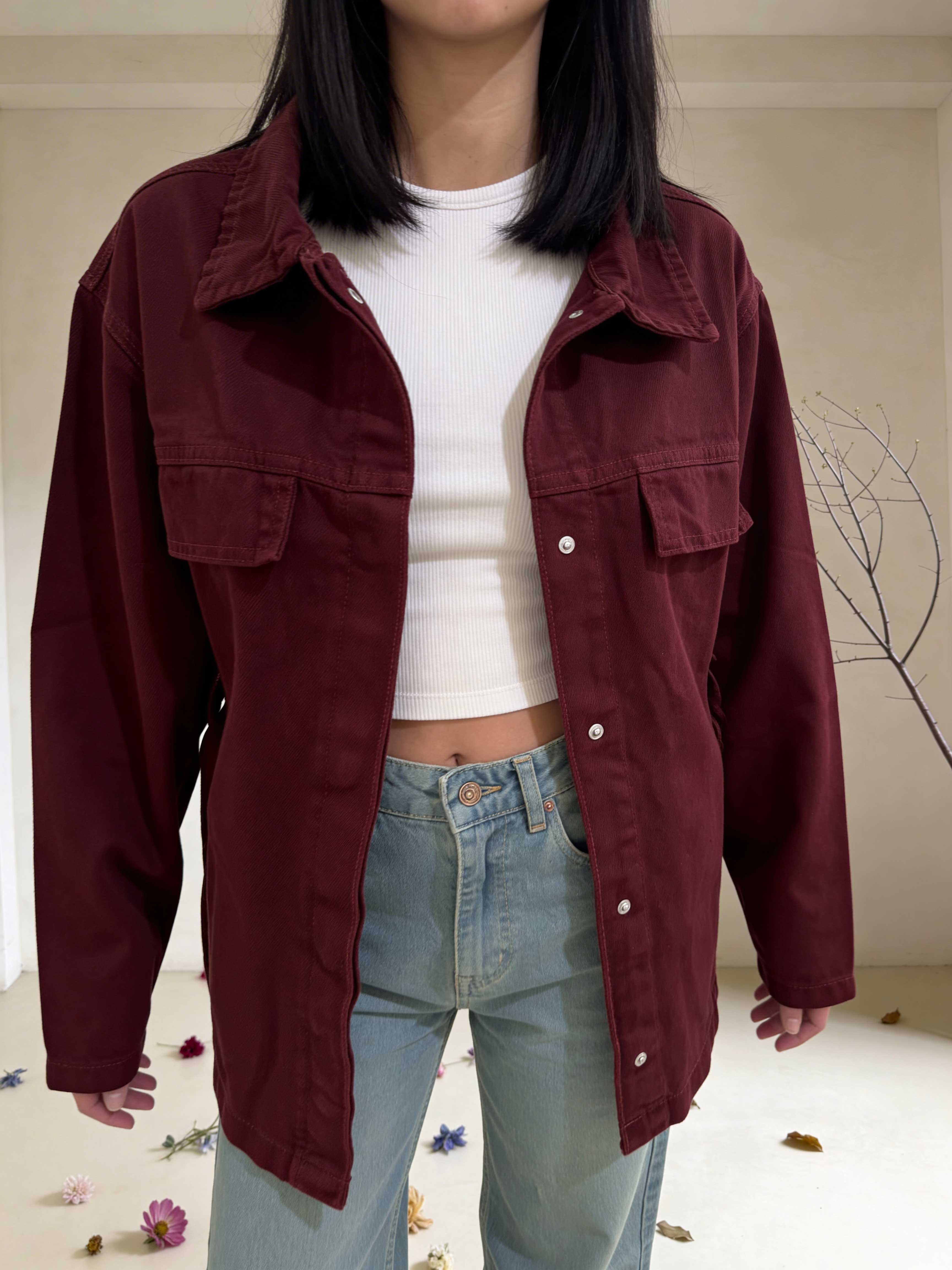 Belted oversized denim jacket burgundy Jacket - tops CIZARO - Cizaro Jeans