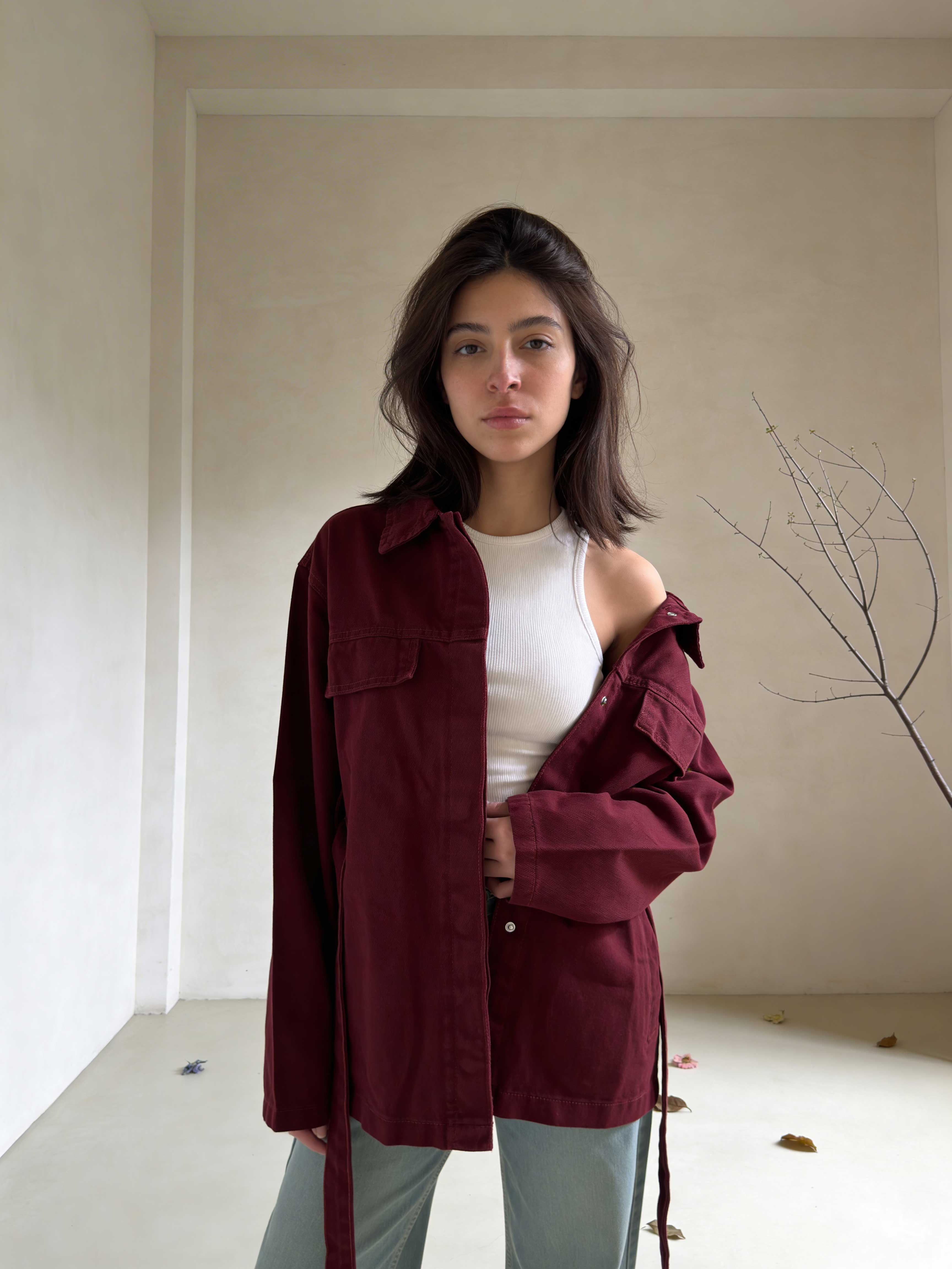 Belted oversized denim jacket burgundy Jacket - tops CIZARO - Cizaro Jeans