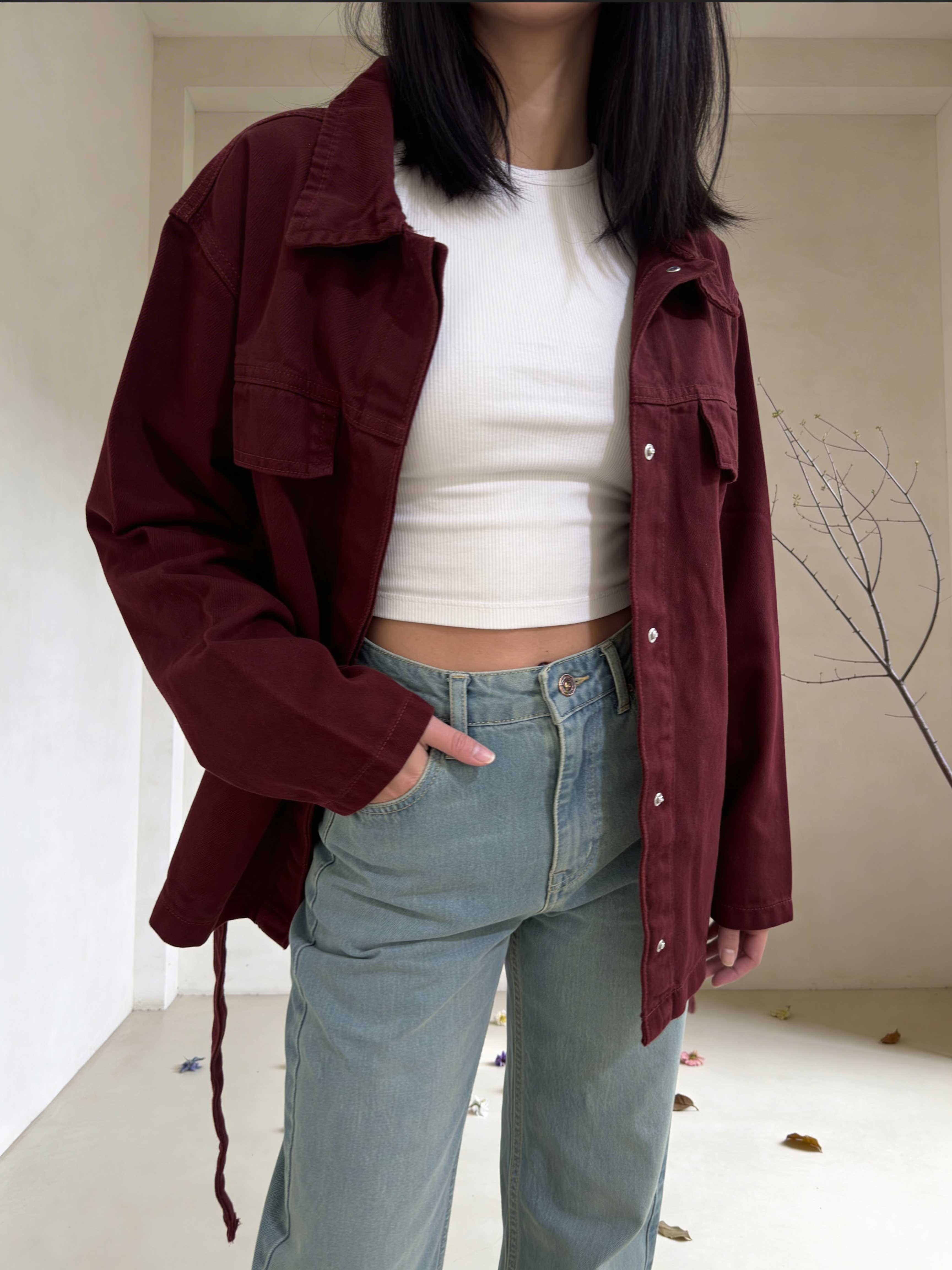 Belted oversized denim jacket burgundy Jacket - tops CIZARO - Cizaro Jeans