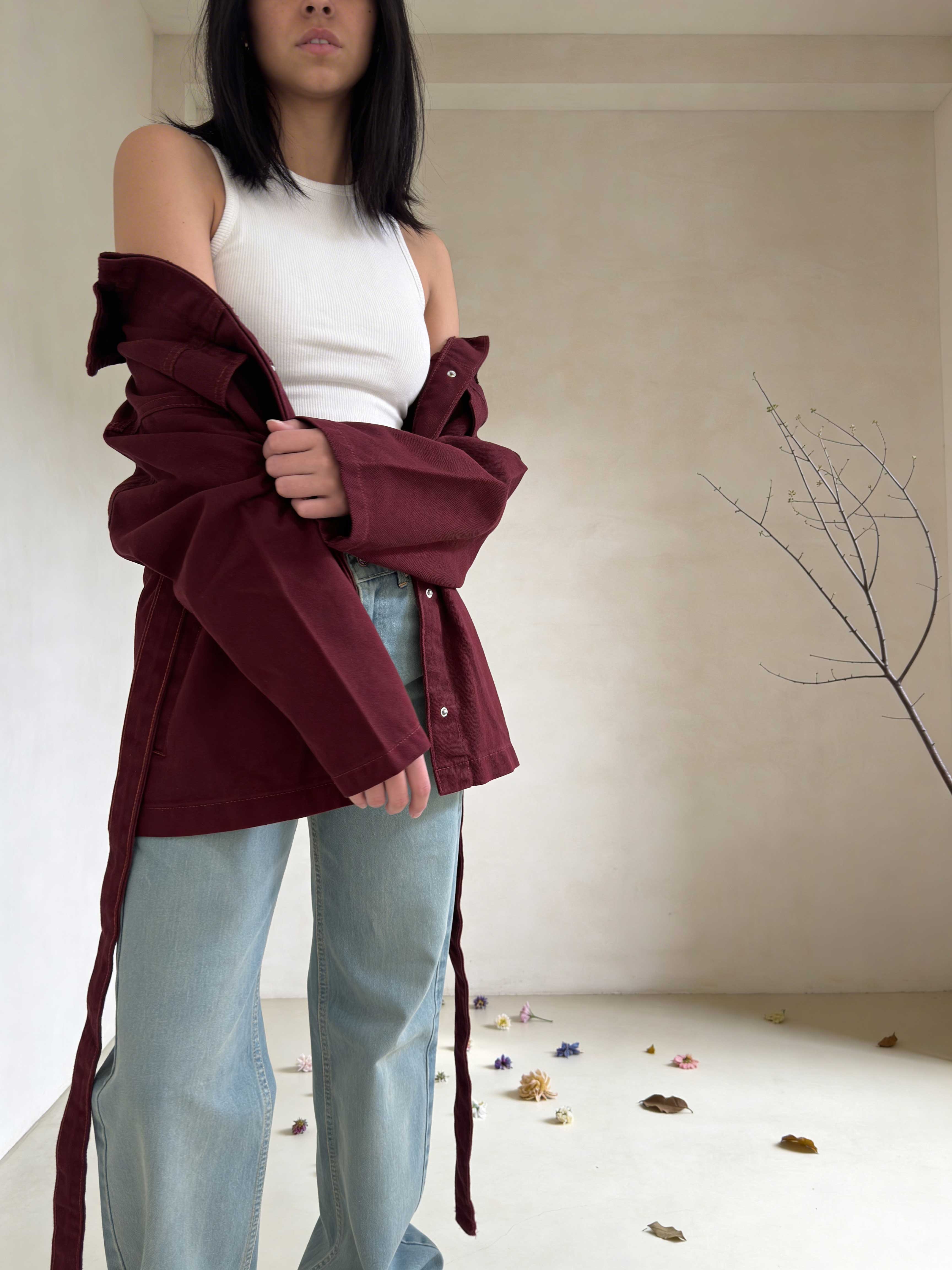 Belted oversized denim jacket burgundy Jacket - tops CIZARO - Cizaro Jeans