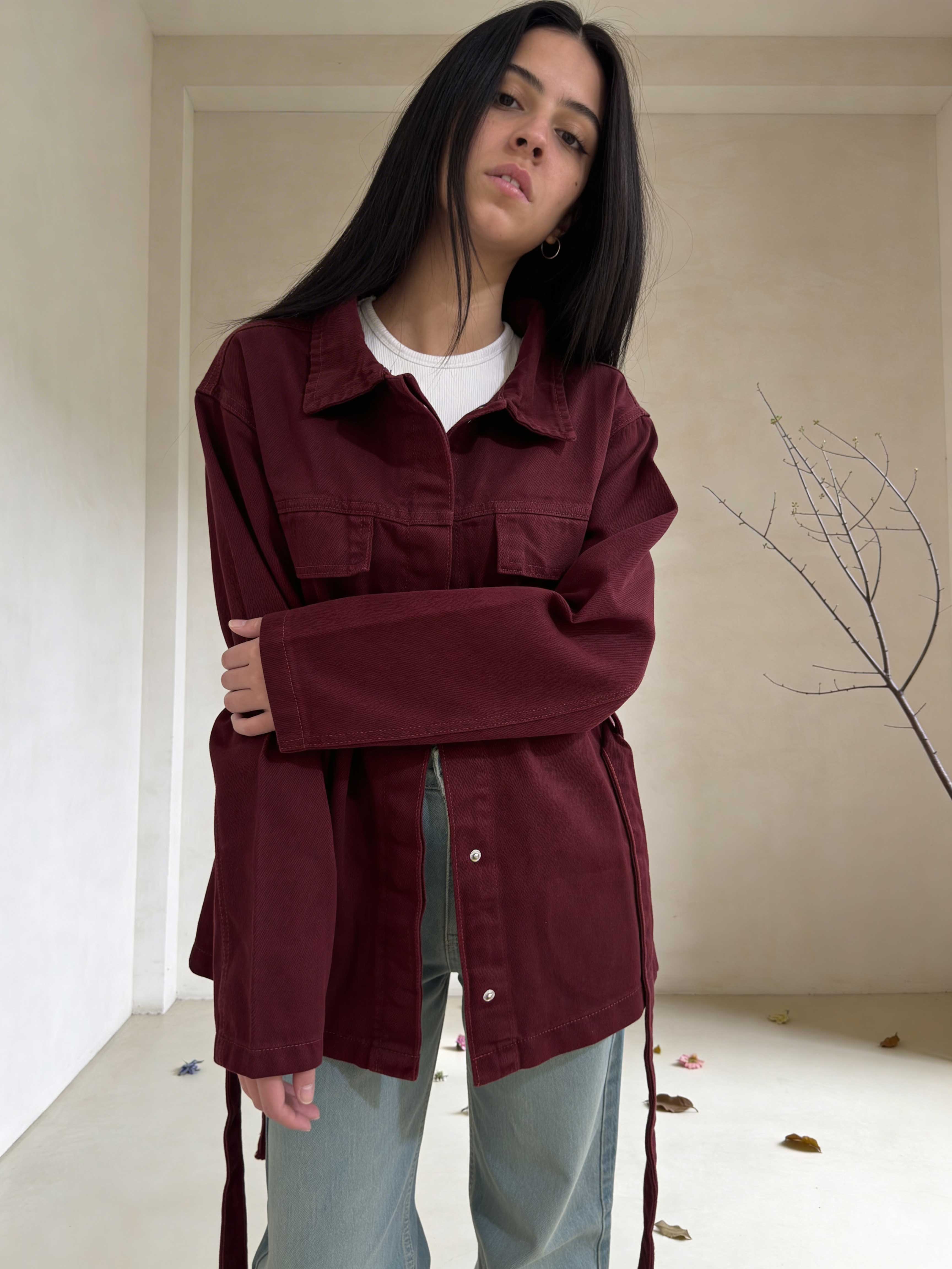 Belted oversized denim jacket burgundy Jacket - tops CIZARO - Cizaro Jeans