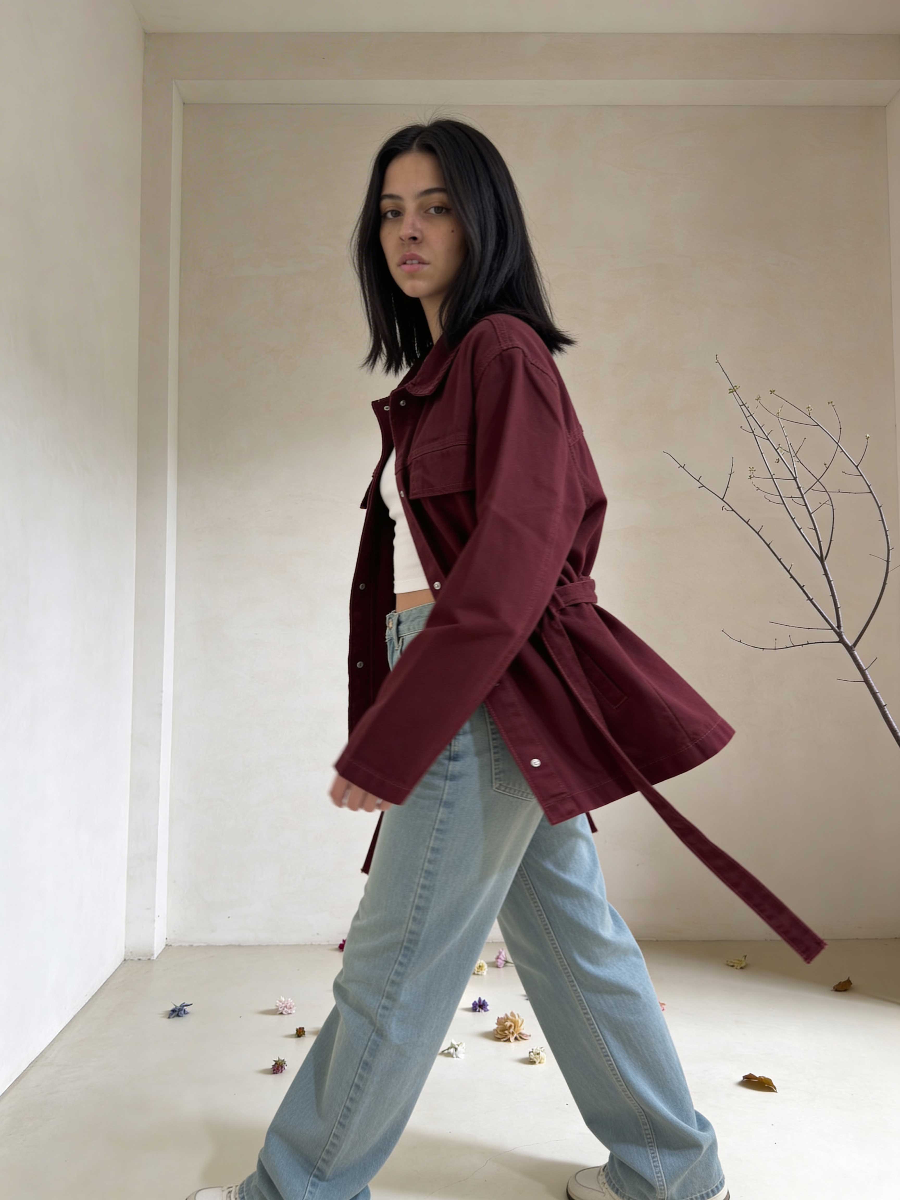Belted oversized denim jacket burgundy Jacket - tops CIZARO - Cizaro Jeans