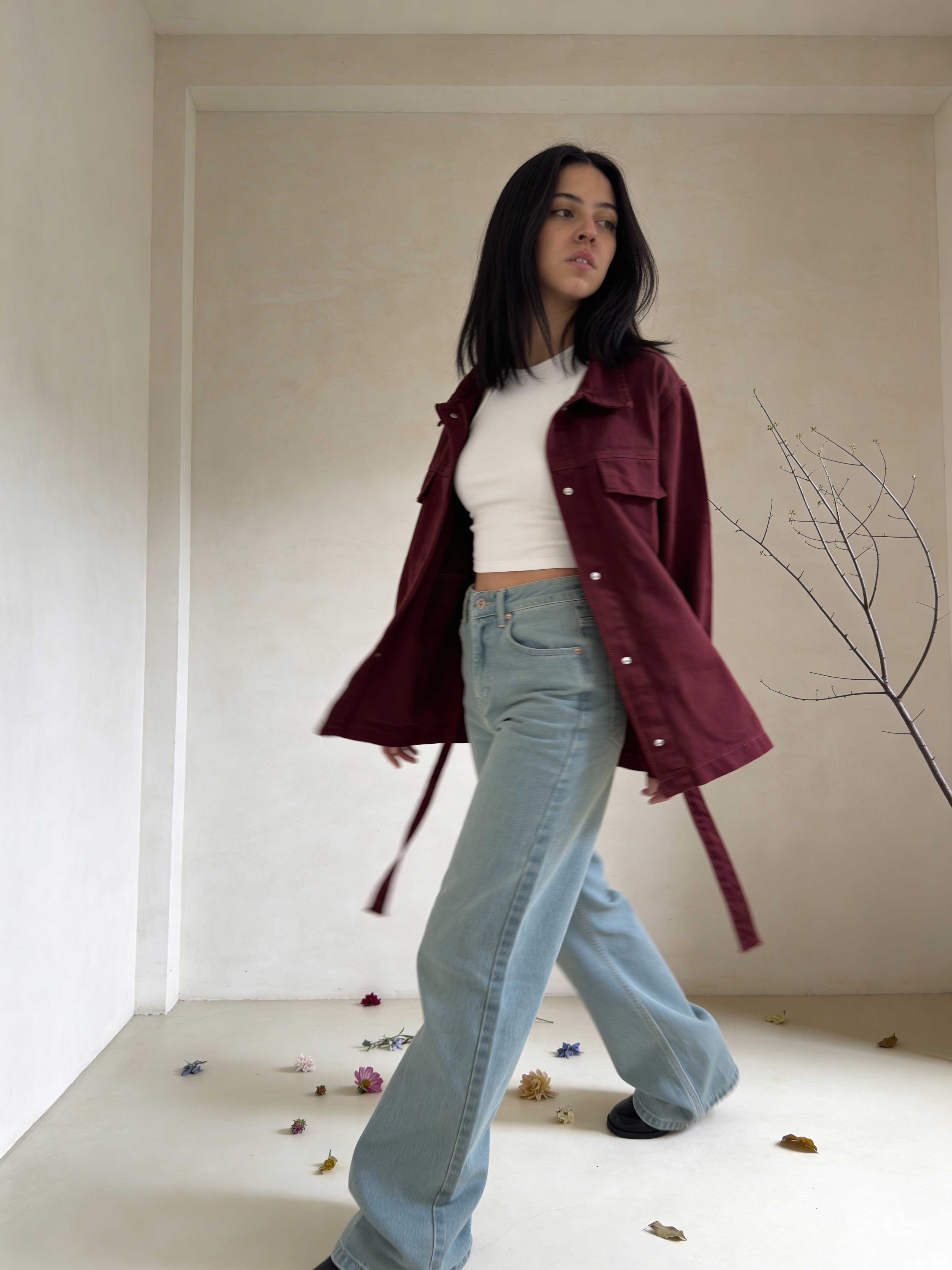 Belted oversized denim jacket burgundy Jacket - tops CIZARO - Cizaro Jeans