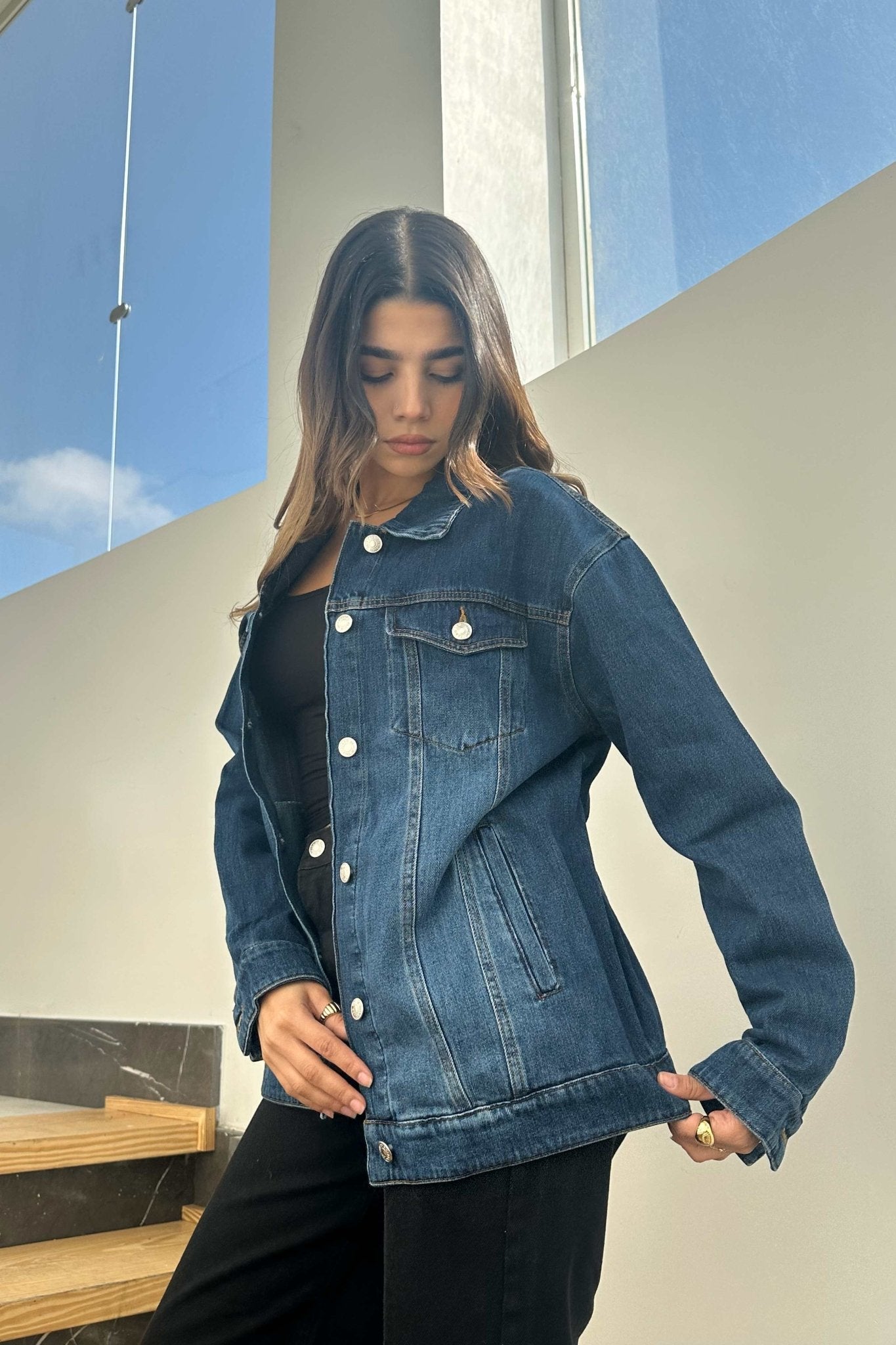 Oversized Denim Jacket - Dark Blue Wash Straight Fit. Straight-Leg CIZARO - Cizaro Jeans