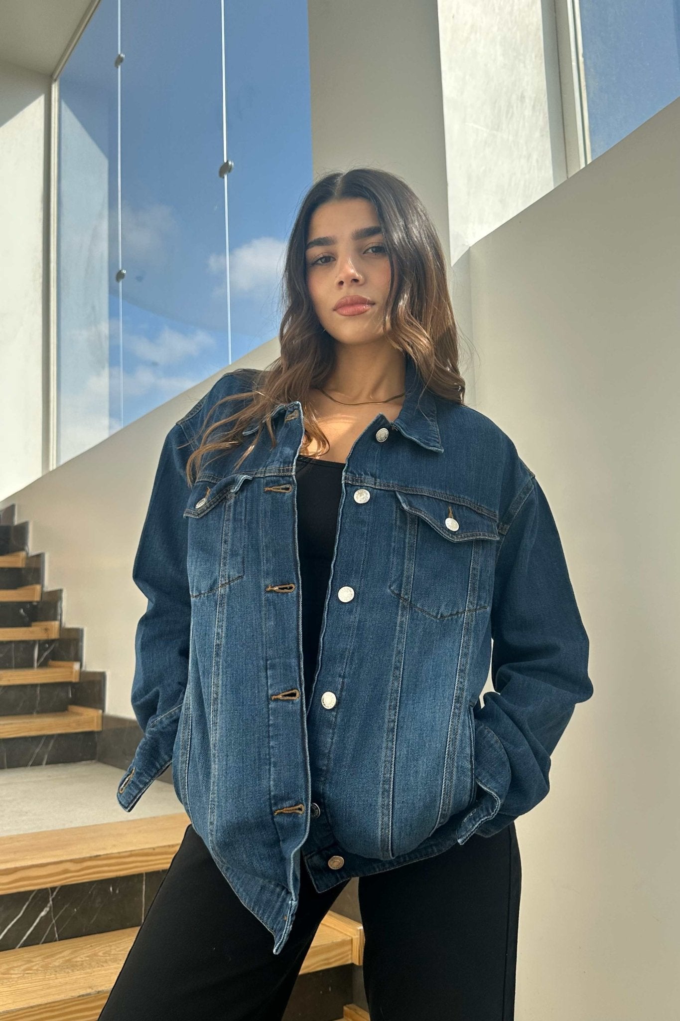 Oversized Denim Jacket - Dark Blue Wash Straight Fit. Straight-Leg CIZARO - Cizaro Jeans