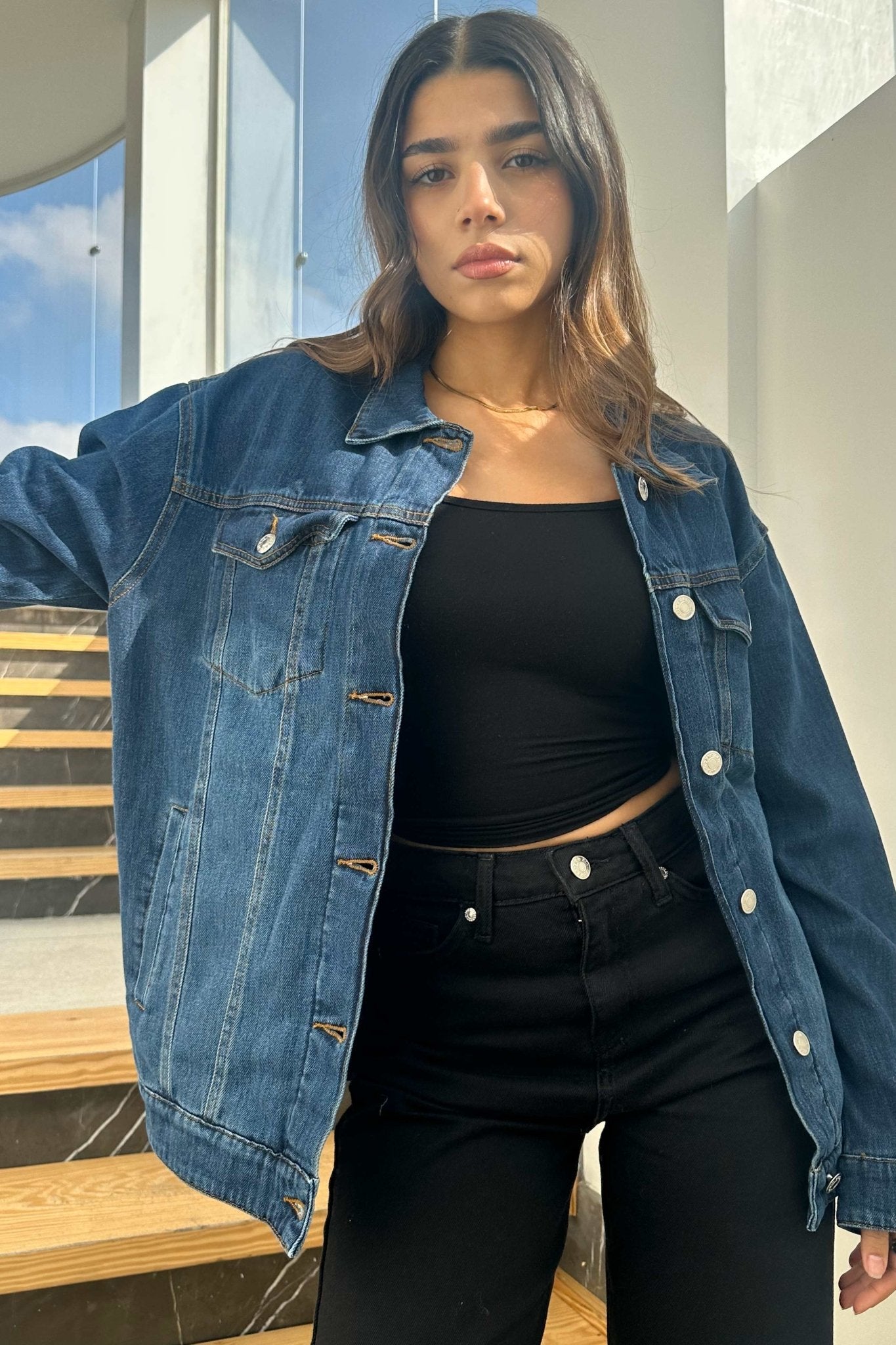 Oversized Denim Jacket - Dark Blue Wash Straight Fit. Straight-Leg CIZARO - Cizaro Jeans