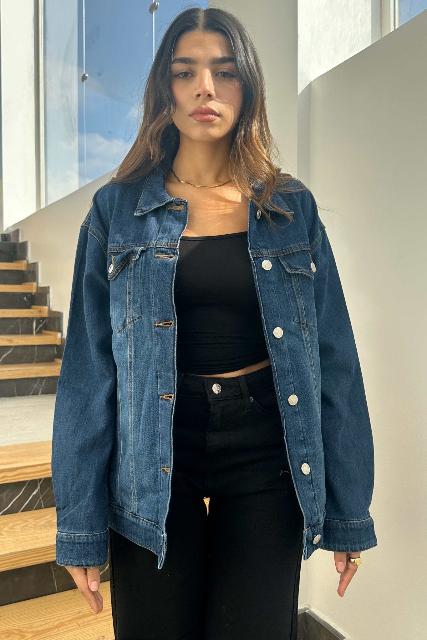Oversized Denim Jacket - Dark Blue Wash Straight Fit. Straight-Leg CIZARO - Cizaro Jeans