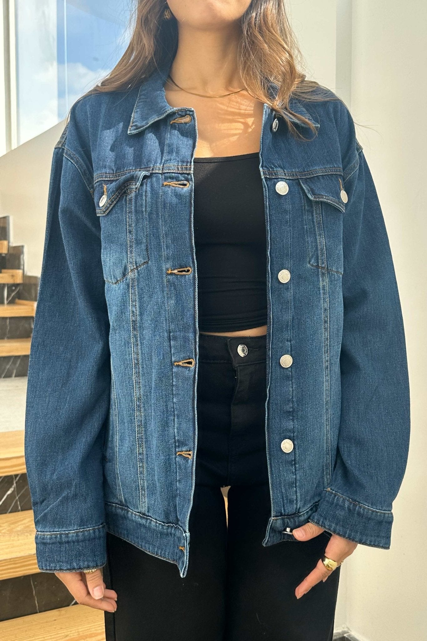 Oversized Denim Jacket - Dark Blue Wash Straight Fit. Straight-Leg CIZARO - Cizaro Jeans