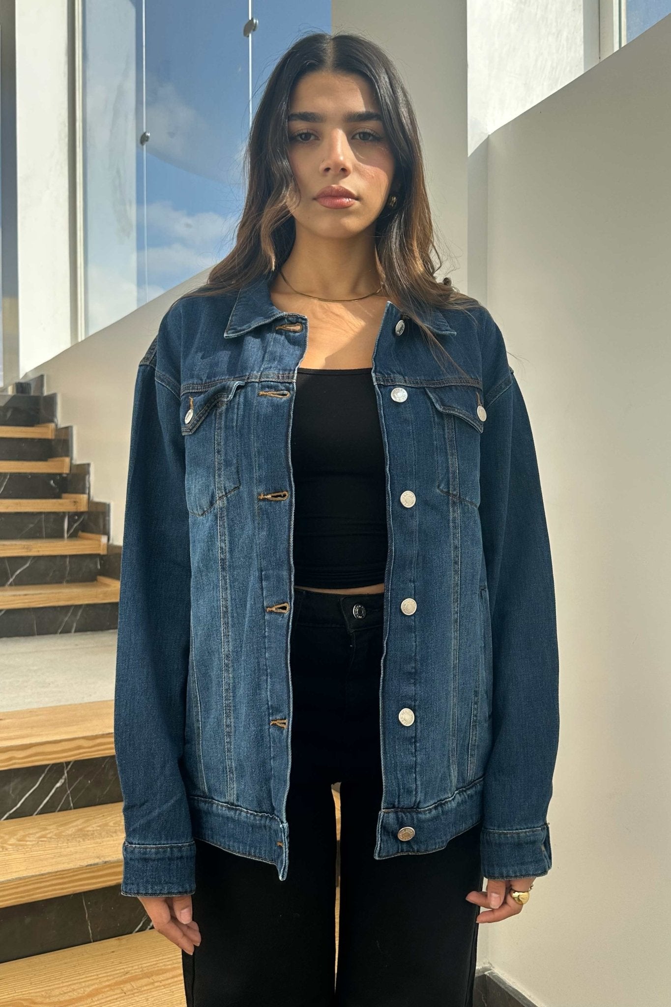 Oversized Denim Jacket - Dark Blue Wash Straight Fit. Straight-Leg CIZARO - Cizaro Jeans