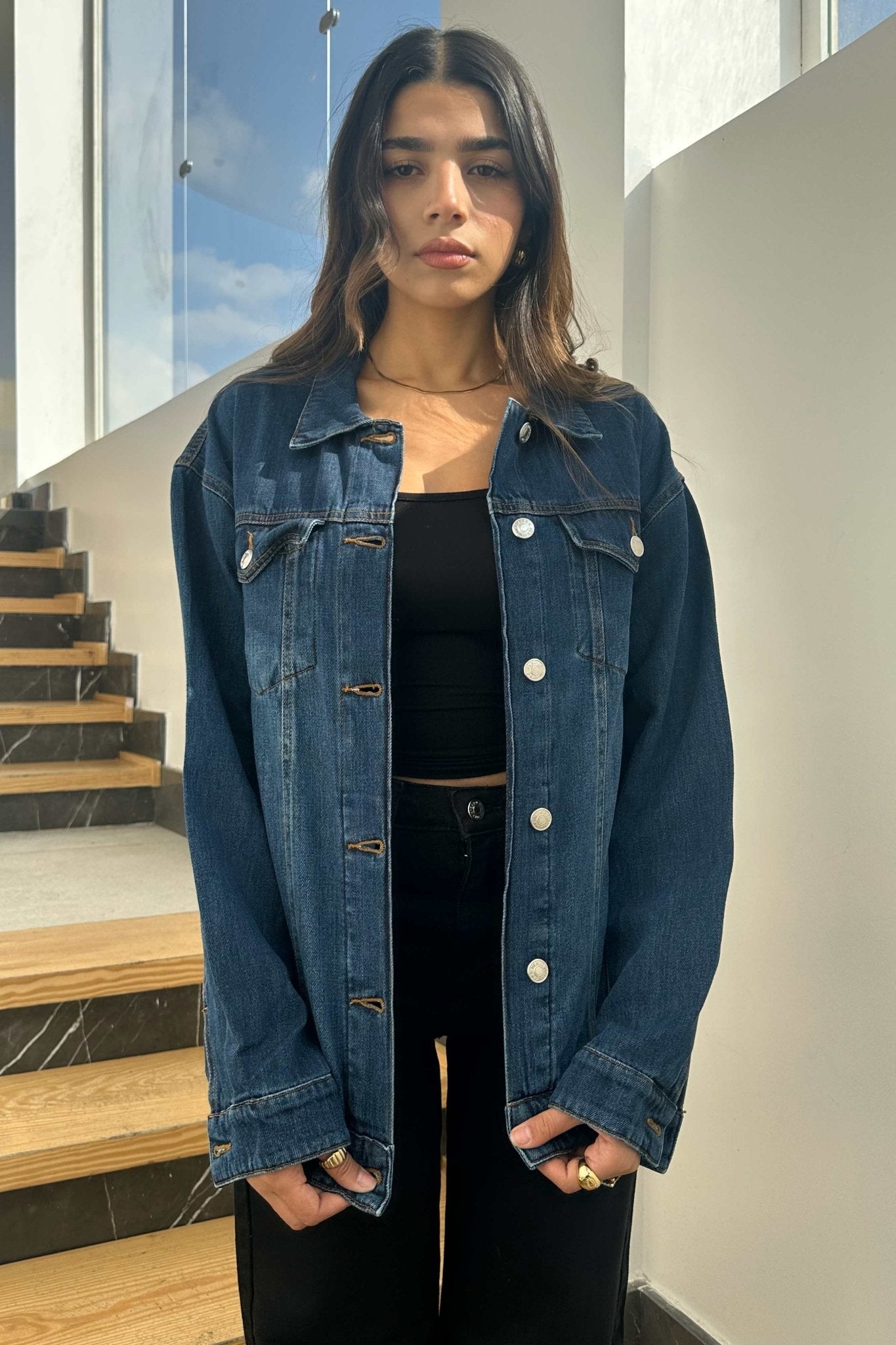 Oversized Denim Jacket - Dark Blue Wash Straight Fit. Straight-Leg CIZARO - Cizaro Jeans