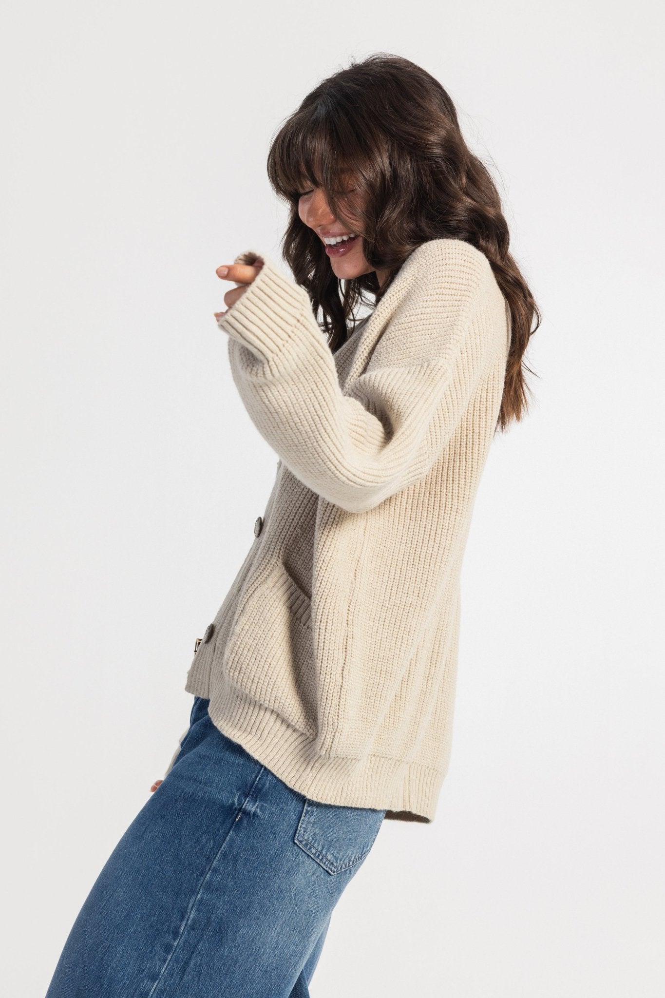 Knit Cardigan – Chunky Relaxed Beige Cardigan CIZARO - Cizaro Jeans