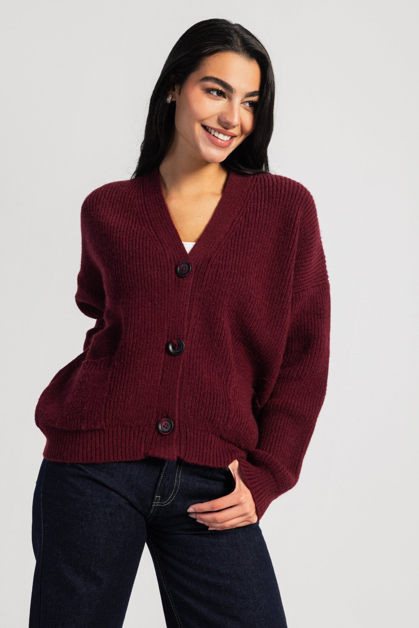 Knit Cardigan – Chunky Relaxed Burgundy Cardigan CIZARO - Cizaro Jeans