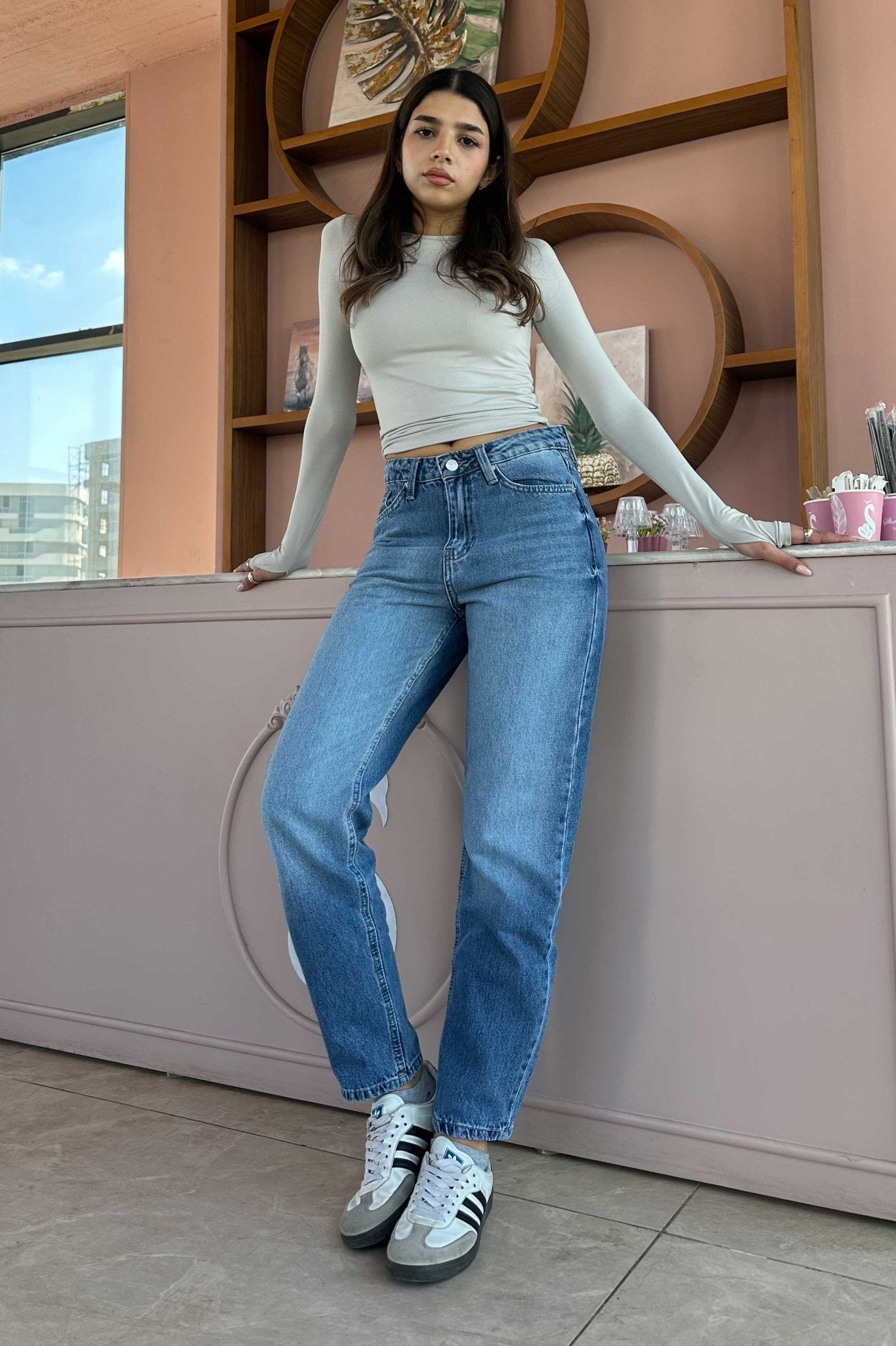 Mom-Fit - High-Waisted Ankle-length Medium Blue Mom-Fit CIZARO - Cizaro Jeans