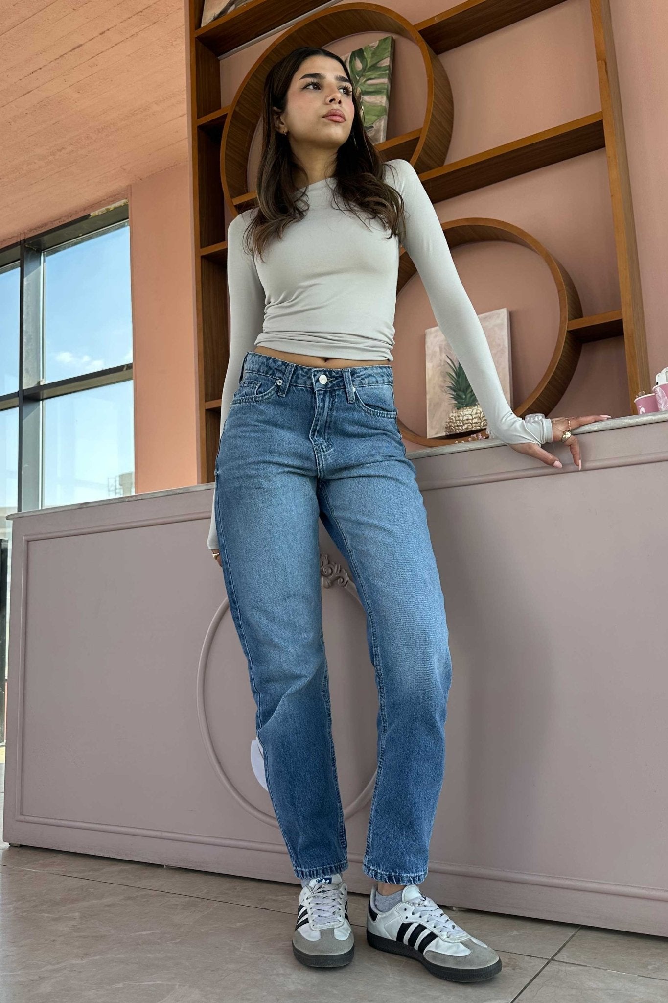 Mom-Fit - High-Waisted Ankle-length Medium Blue Mom-Fit CIZARO - Cizaro Jeans
