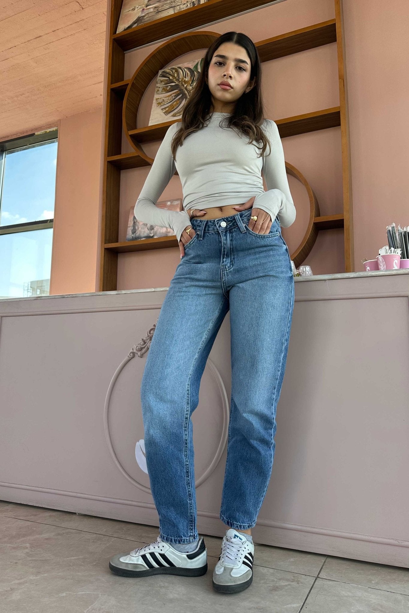 Mom-Fit - High-Waisted Ankle-length Medium Blue Mom-Fit CIZARO - Cizaro Jeans