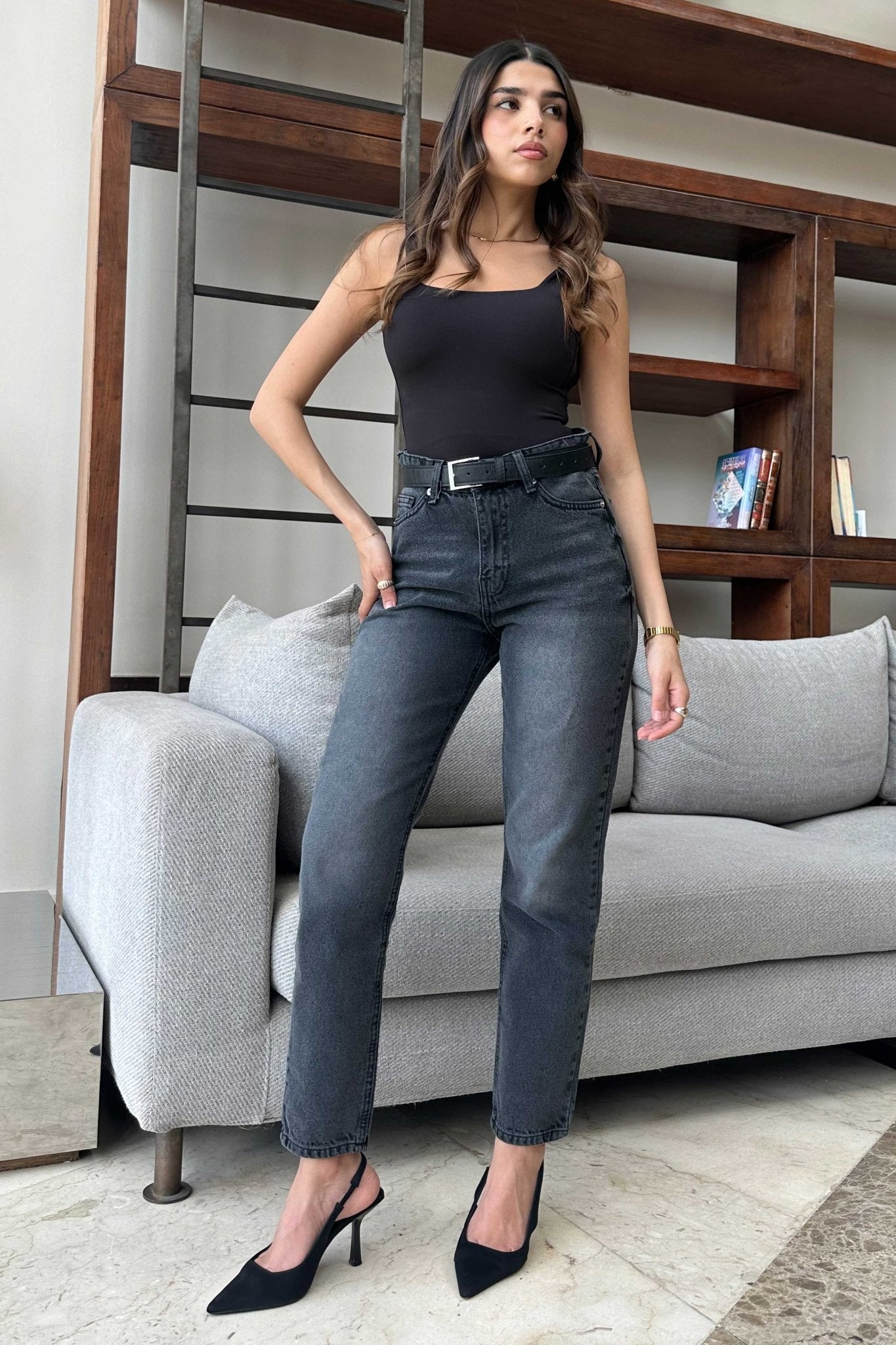 Mom-Fit - High-Waist Charcoal Jeans Mom-Fit Cizaro - Cizaro Jeans