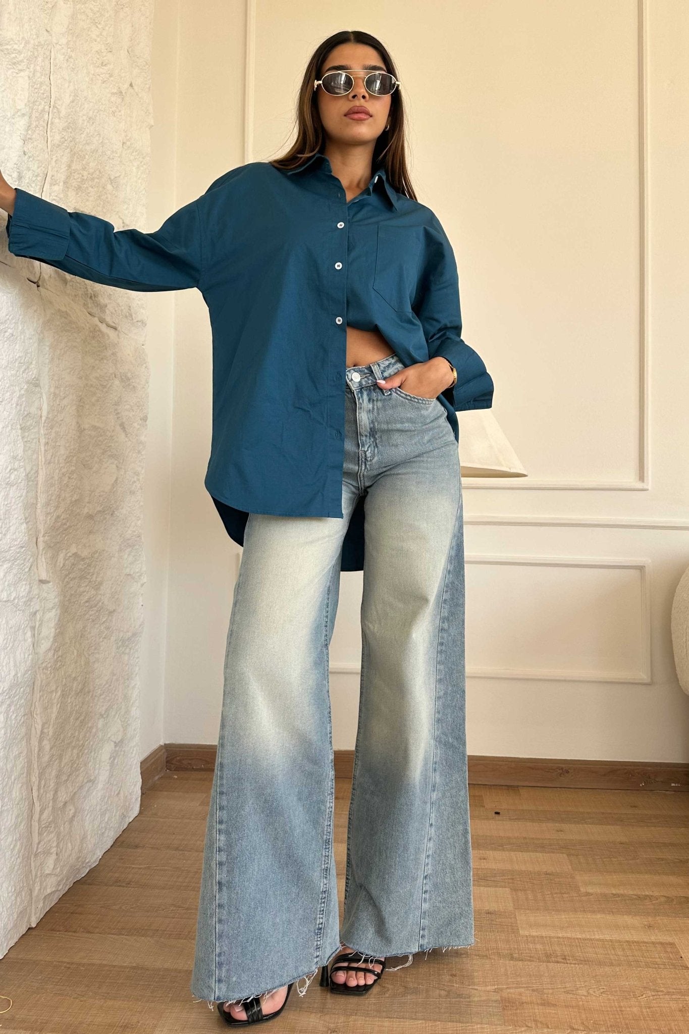 Oversized - Deep Teal Button-Down Shirt Shirt CIZNEW - Cizaro Jeans