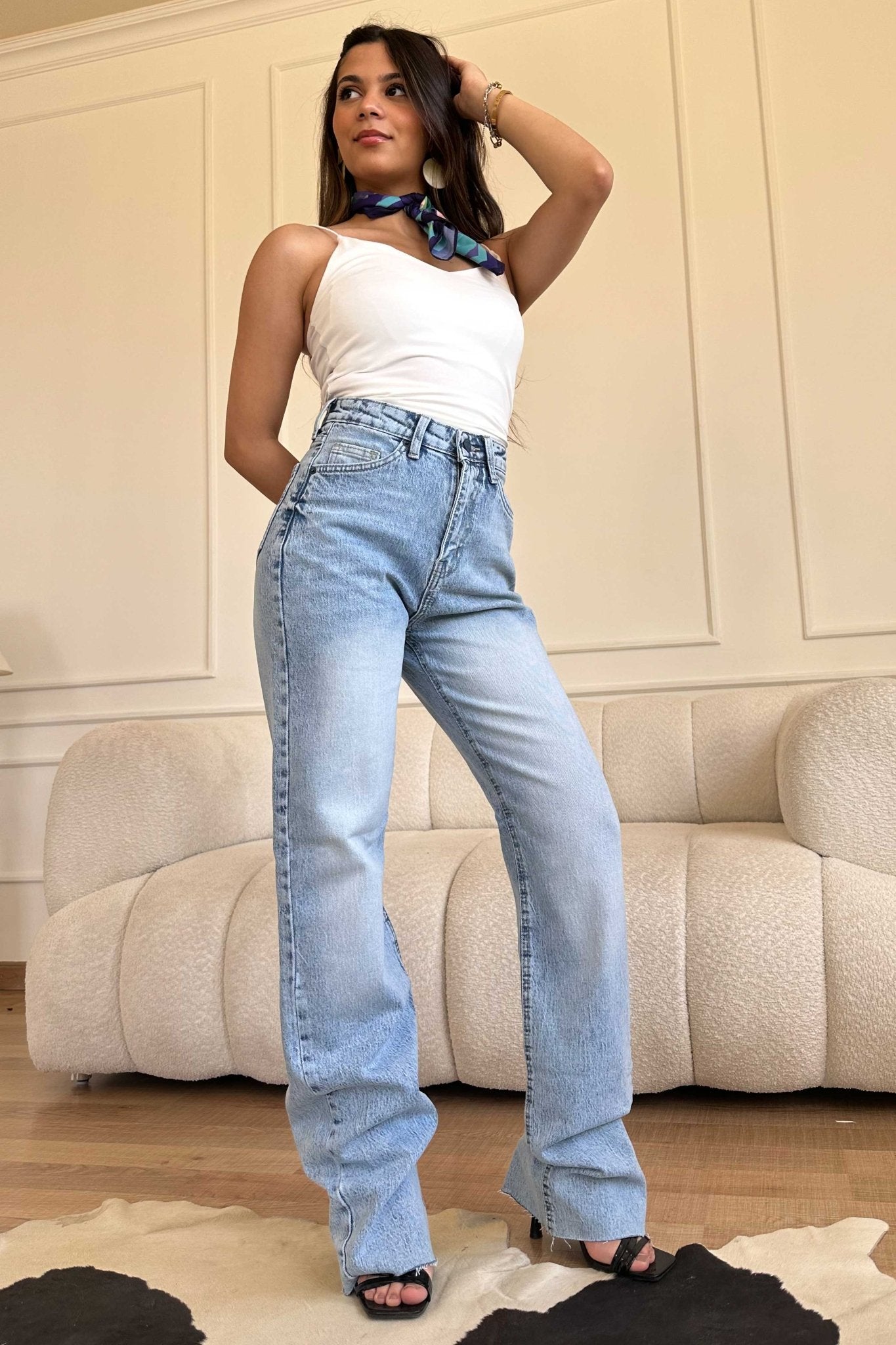 Ultra Comfort | Raw Hem Straight Leg - Sky Blue Washed Jeans Straight-Leg CIZARO - Cizaro Jeans