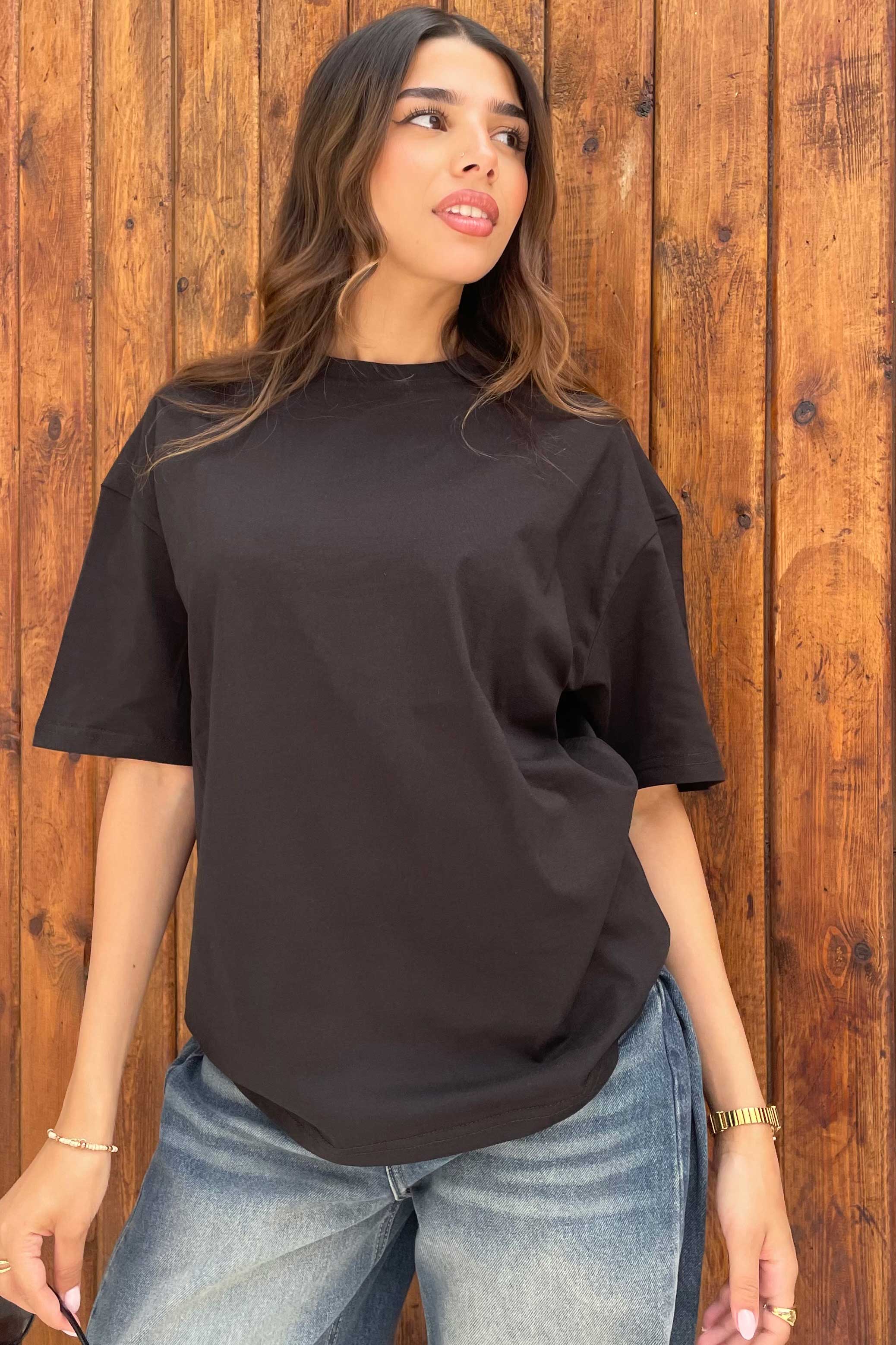 Oversized - High-Round Neck Black Tee T-Shirt - Basics CIZNEW - Cizaro Jeans