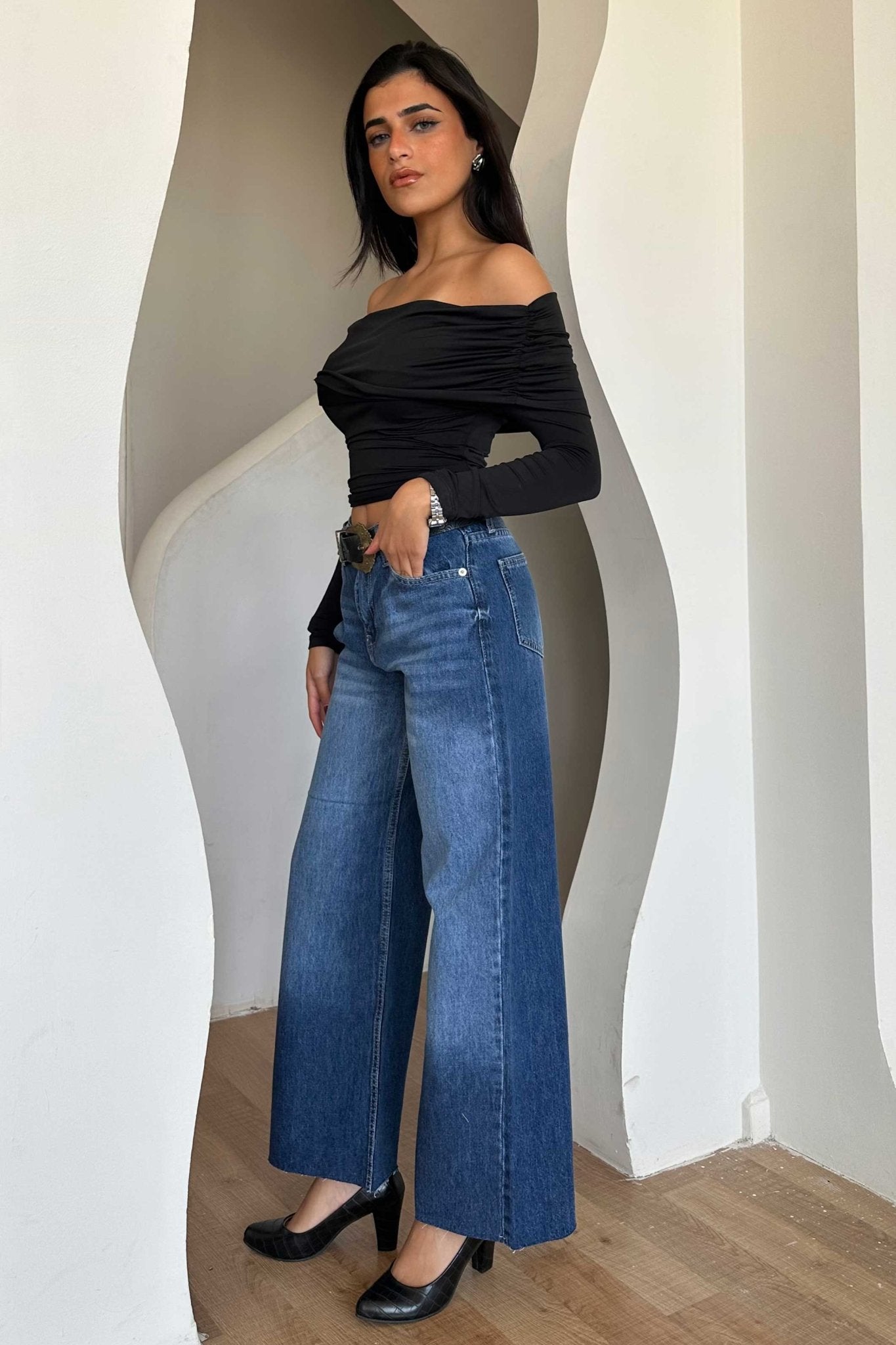 Cropped Wide Leg – Mid Rise Ocean Blue Jeans wide leg CIZARO - Cizaro Jeans