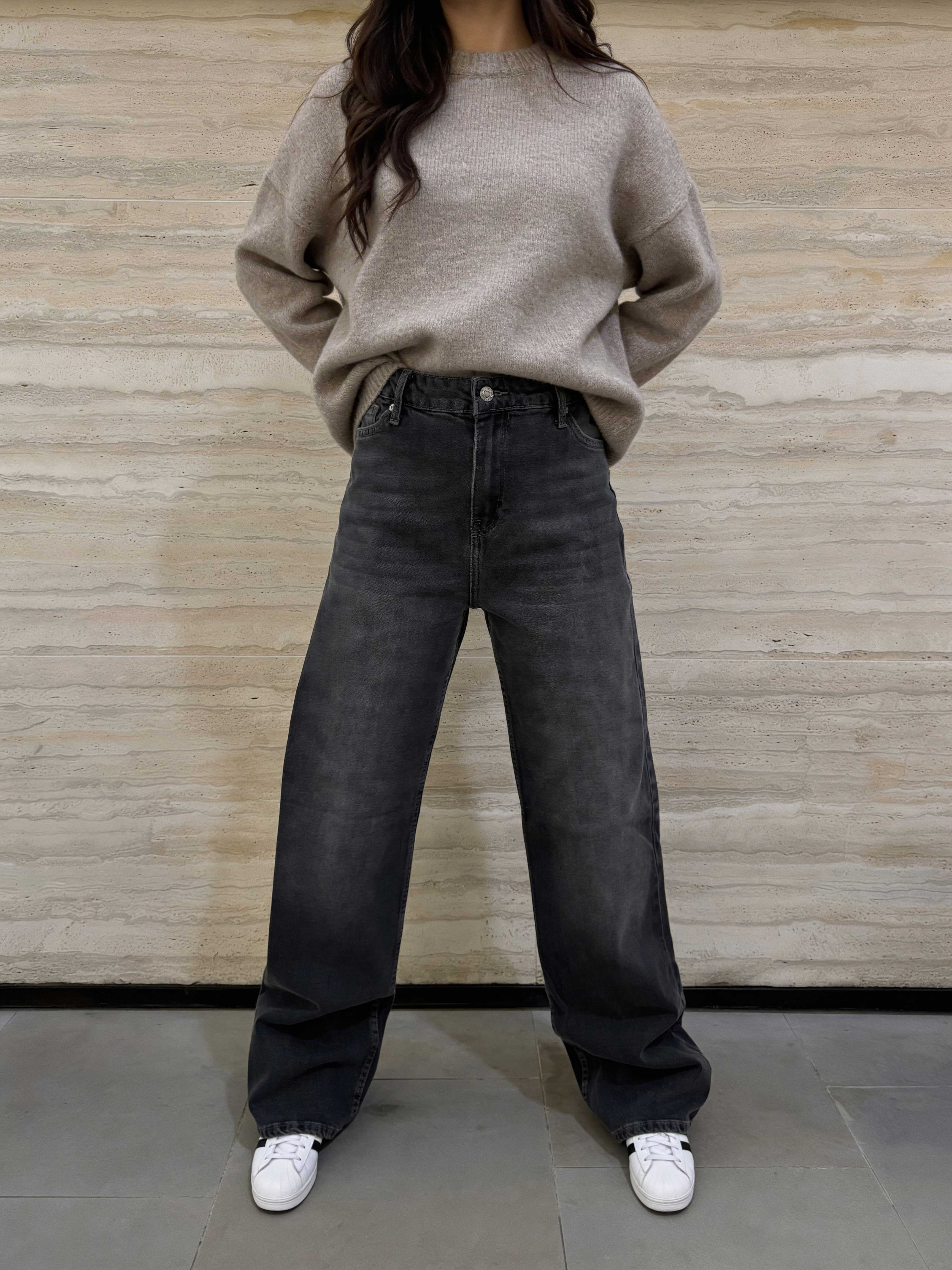 Wide-Leg – High-Waist Washed Black Jeans