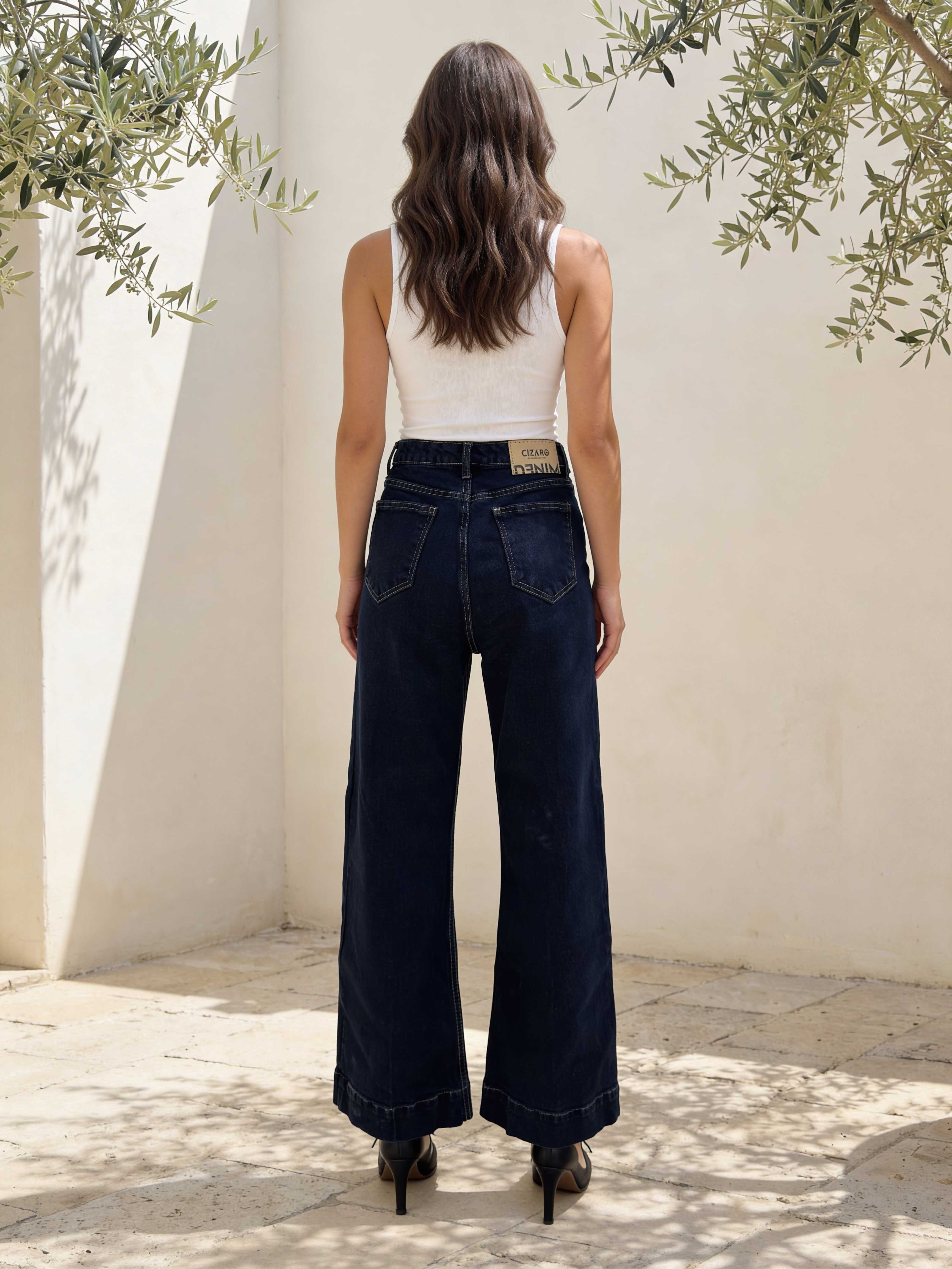 Cropped Wide-Leg High-Waist Deep Denim Jeans Wide Leg CIZARO - Cizaro Jeans