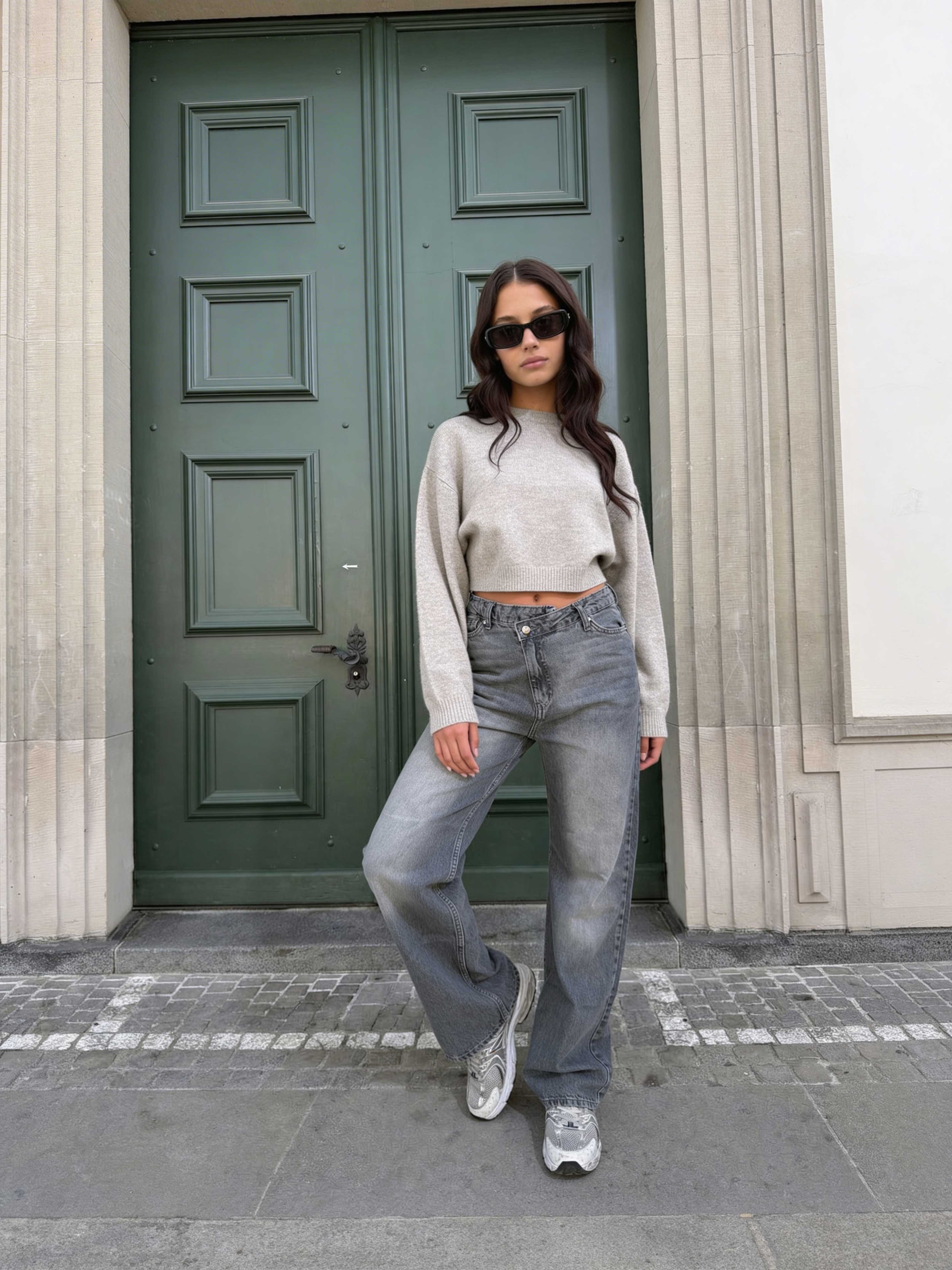 Crossover Wide leg High waist , Mid Acid Washed Grey jeans Wide Leg CIZARO - Cizaro Jeans