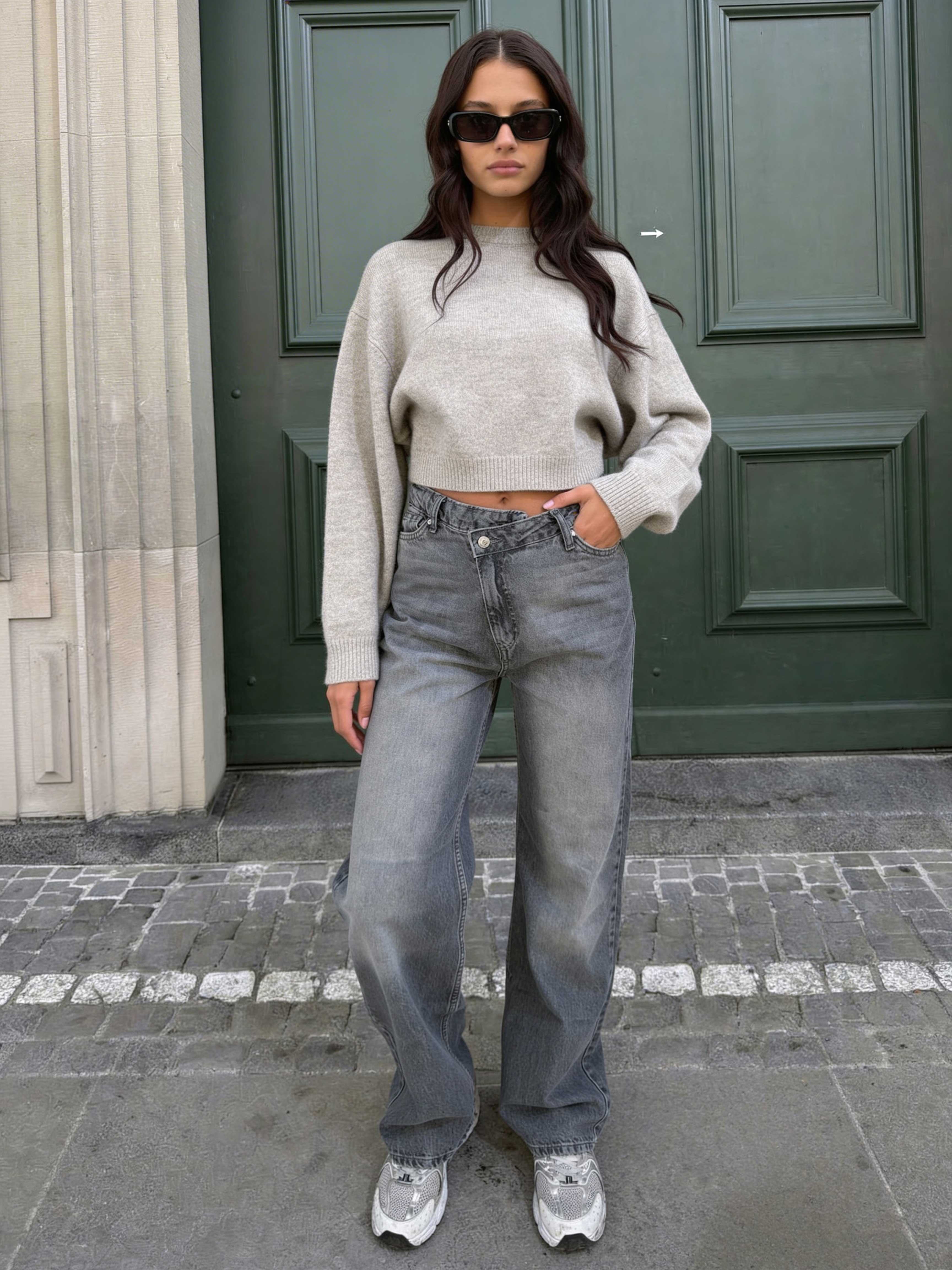 Crossover Wide leg High waist , Mid Acid Washed Grey jeans Wide Leg CIZARO - Cizaro Jeans