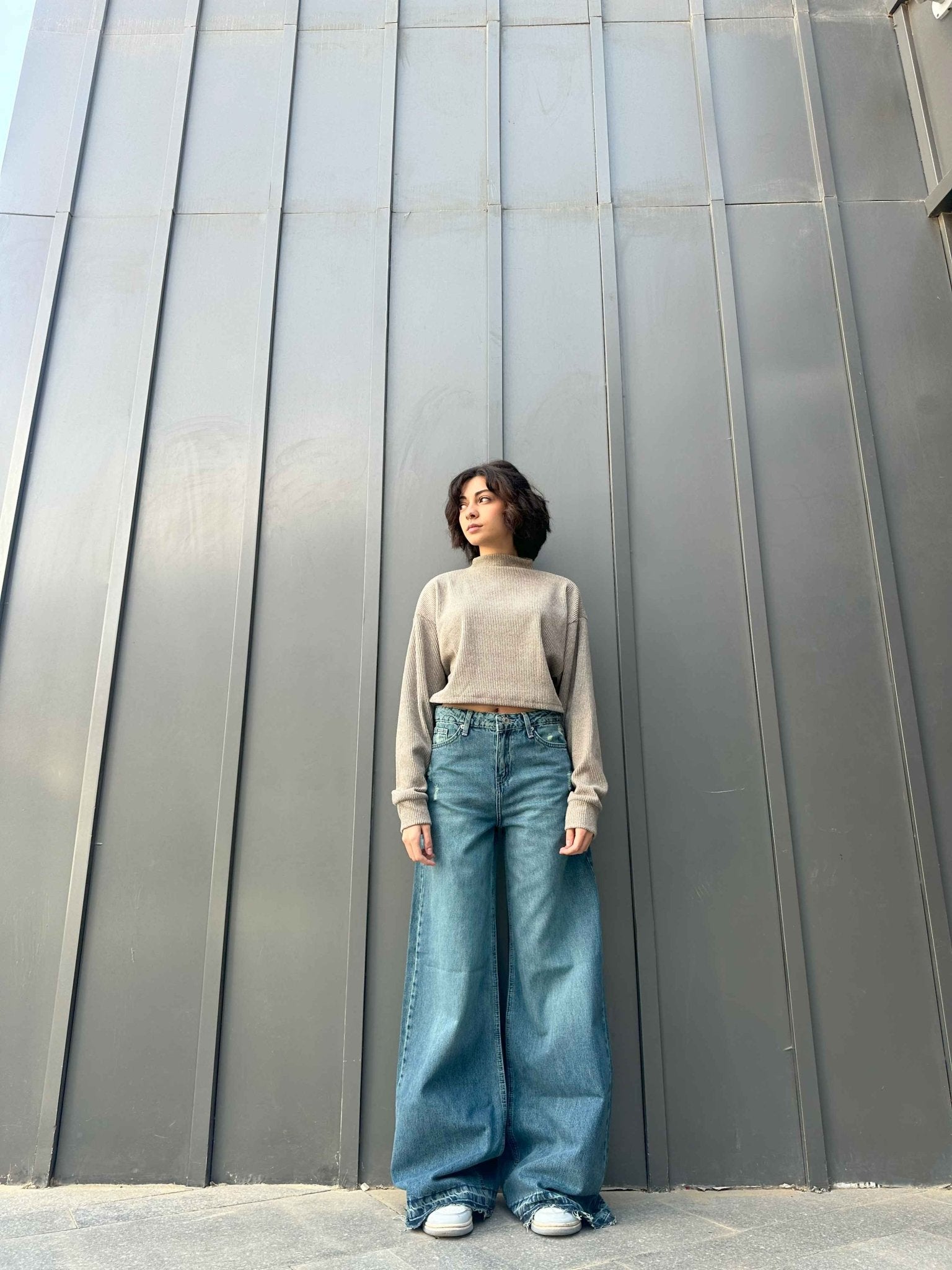 Extreme Wide Leg - Mid Vintage Blue Green Raw Hems Jeans. Wide Leg CIZARO - Cizaro Jeans