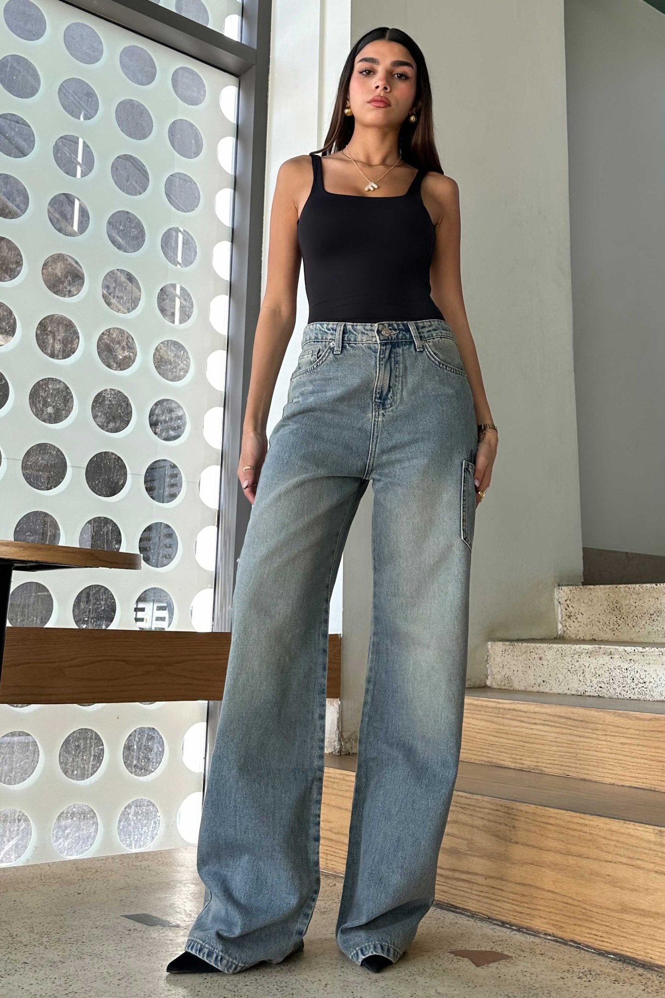 Pocket Wide Leg - Medium Blue Dirty Washed Jeans. Wide-Leg CIZARO - Cizaro Jeans