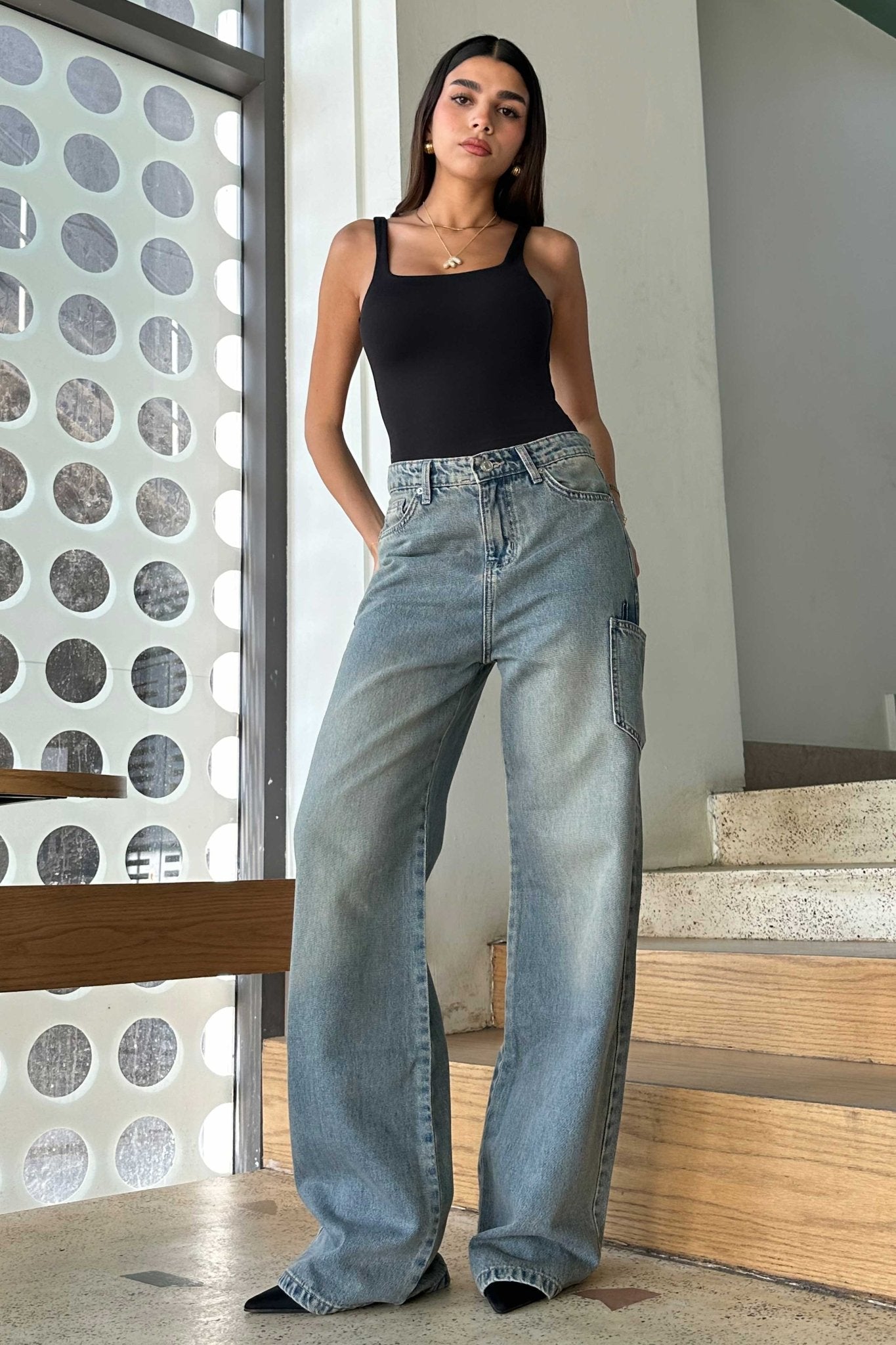 Pocket Wide Leg - Medium Blue Dirty Washed Jeans. Wide-Leg CIZARO - Cizaro Jeans