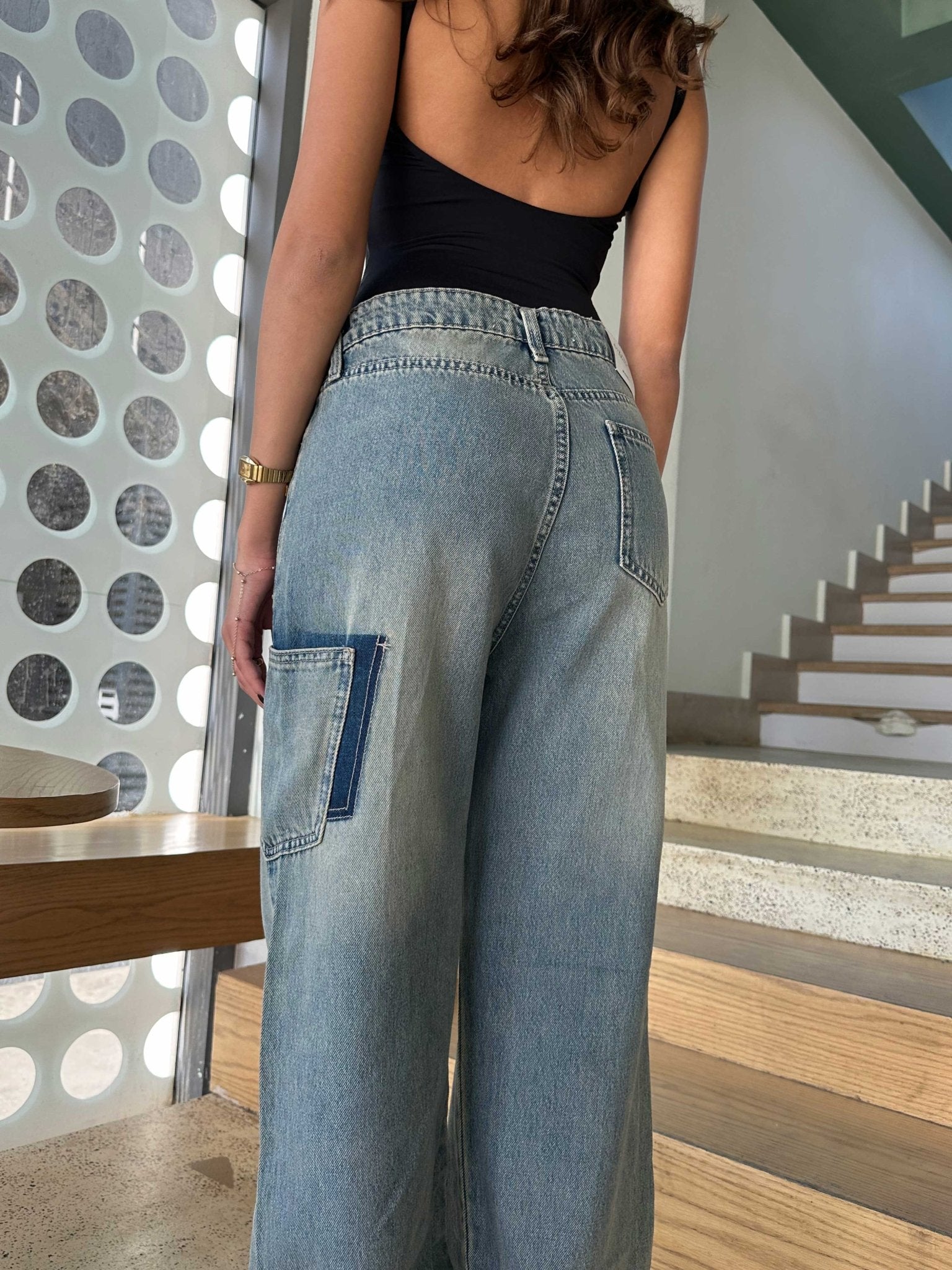 Pocket Wide Leg - Medium Blue Dirty Washed Jeans. Wide-Leg CIZARO - Cizaro Jeans