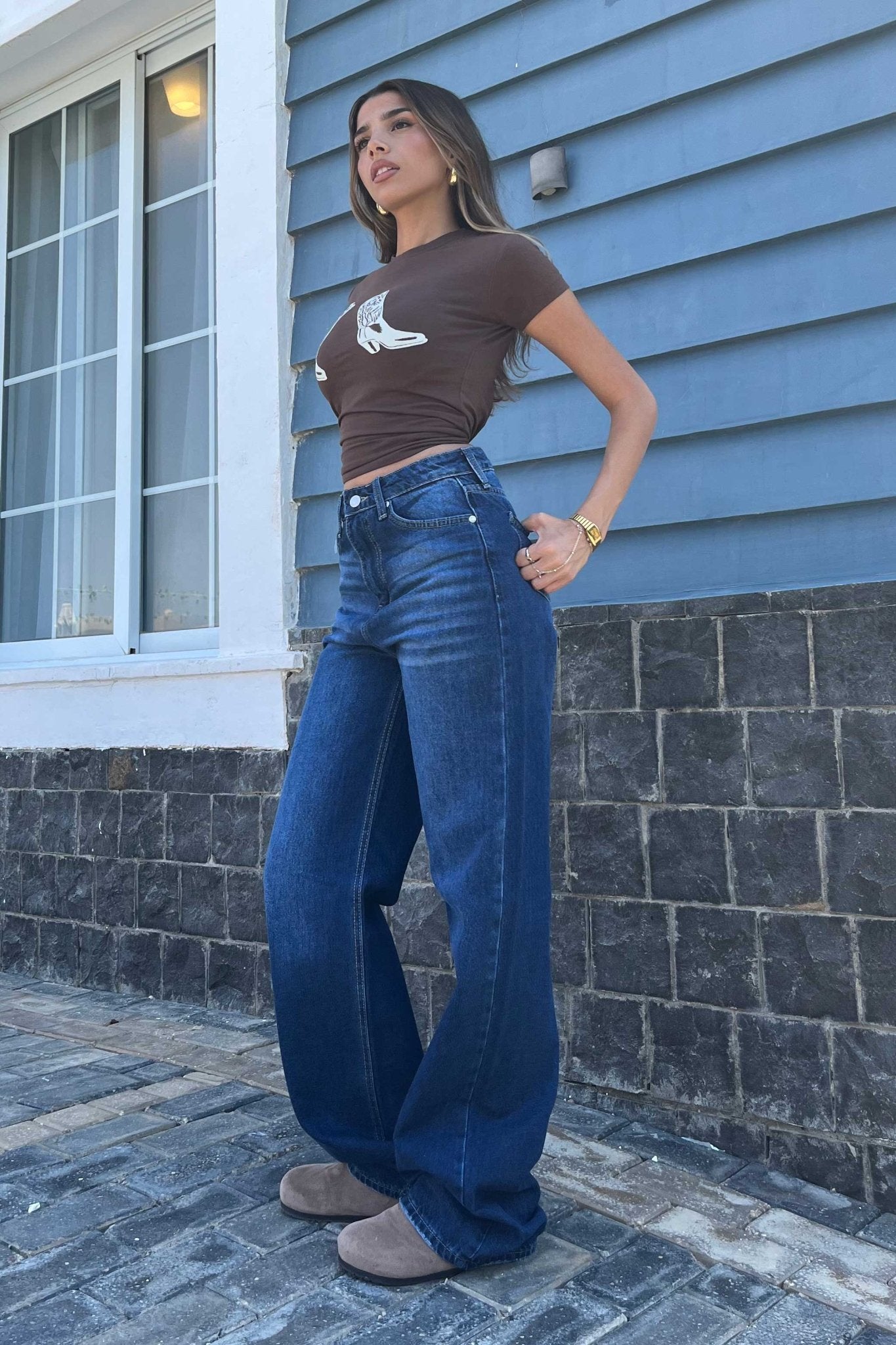 Wide-Leg - High-Waist Navy Blue Jeans Wide Leg CIZARO - Cizaro Jeans