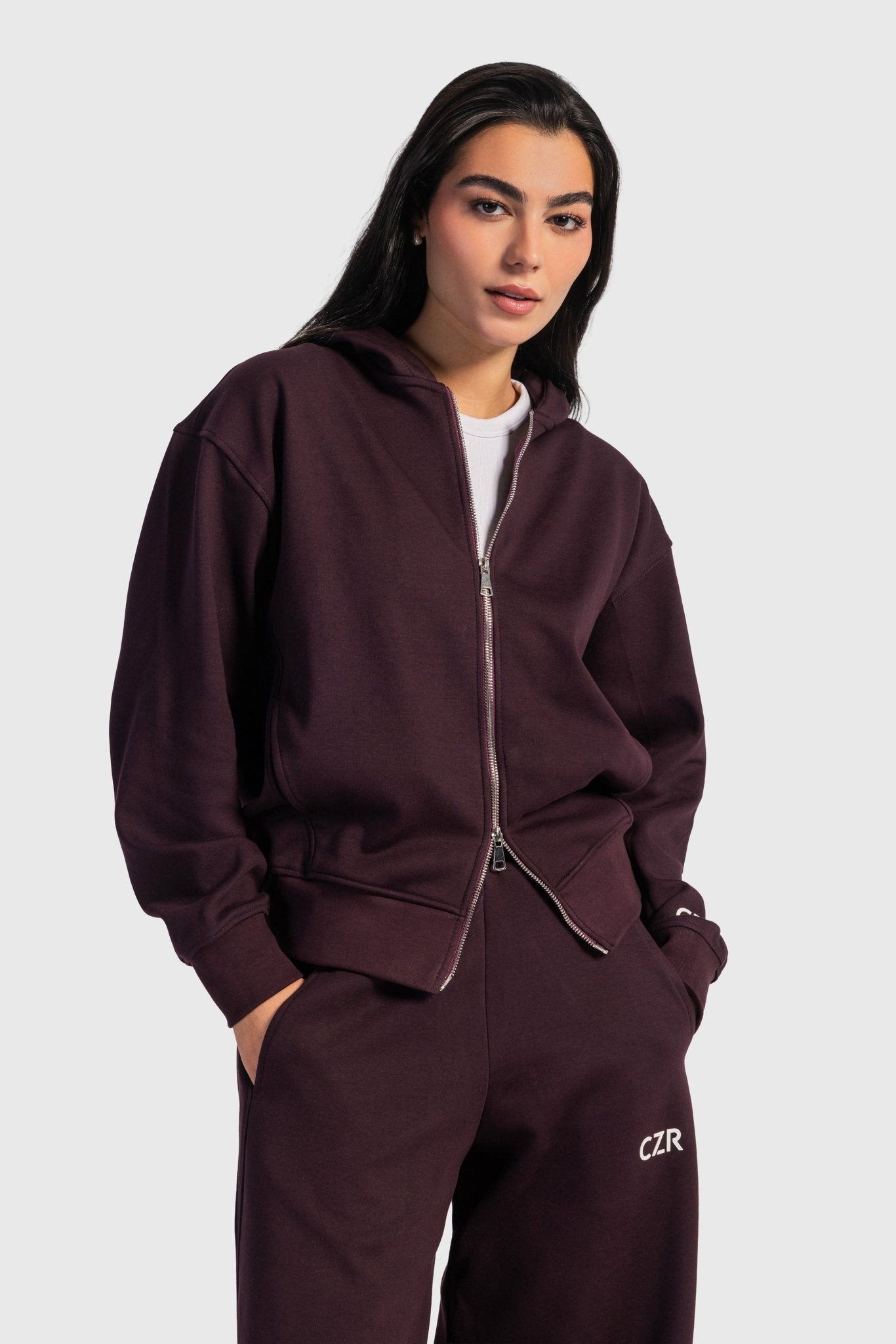 Full-Zip Oversized Hoodie – Burgundy Hoodie CIZARO - Cizaro Jeans