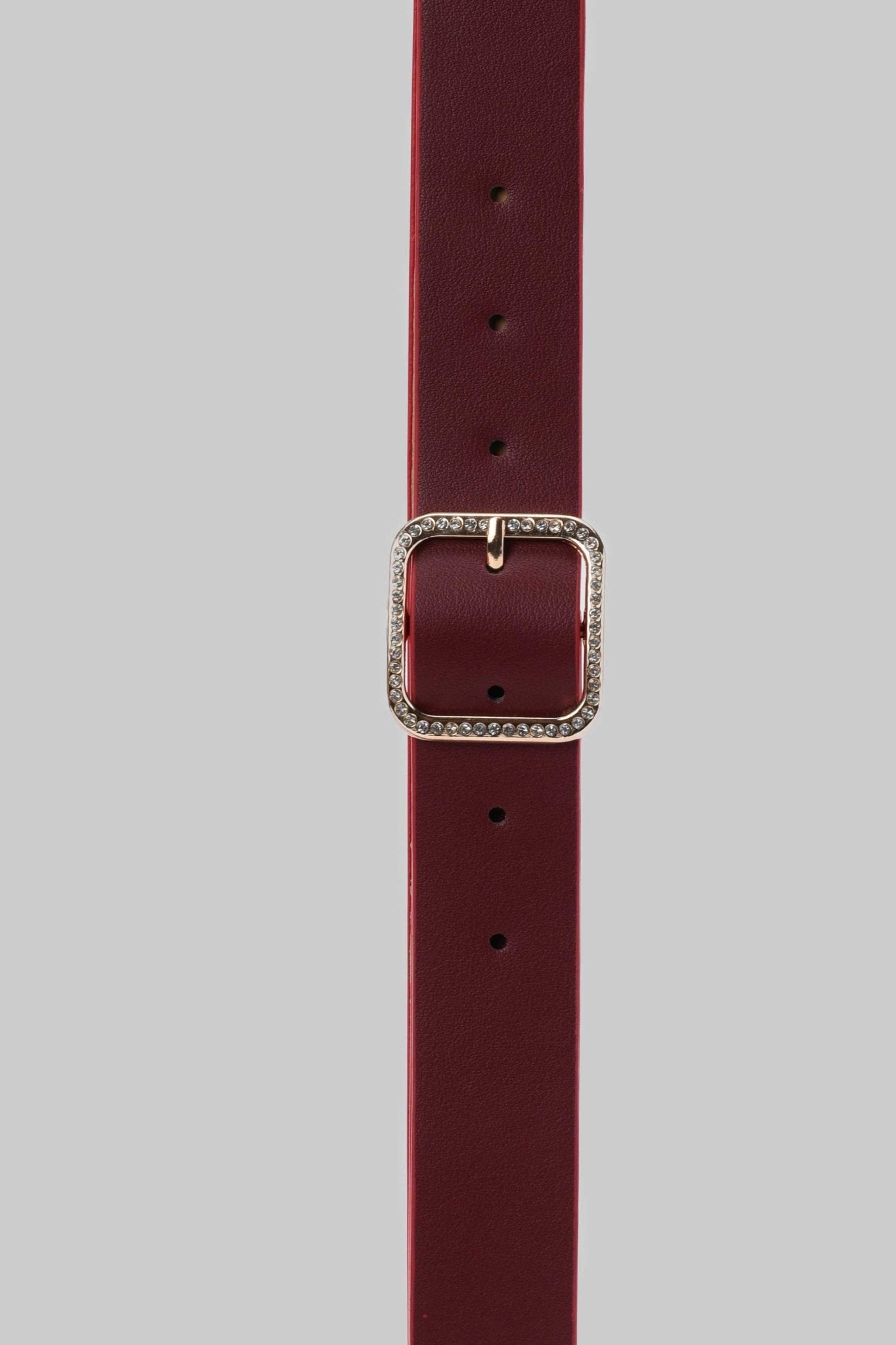 Belt | Wine Red Faux Leather Belt with Crystal-Studded Square Buckle Belt CZBELT - Cizaro Jeans