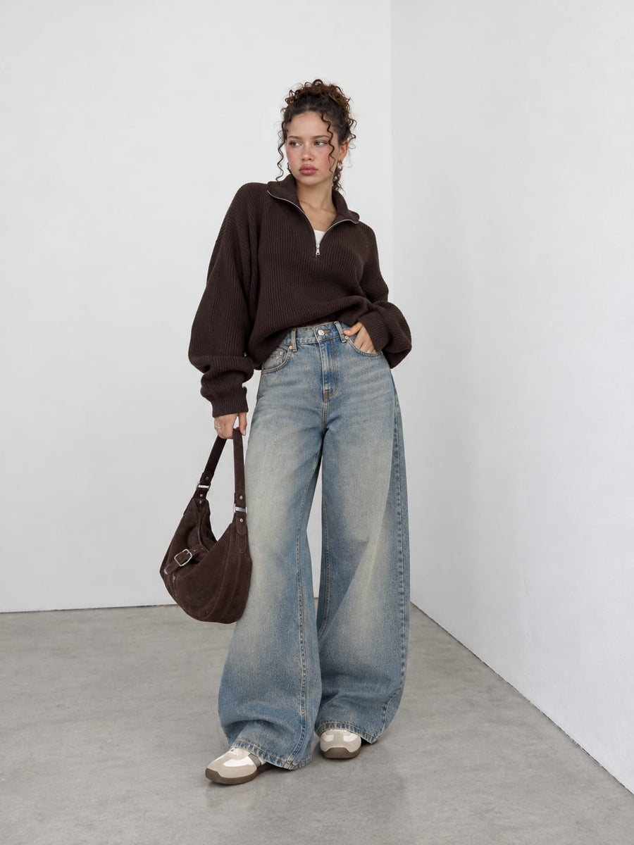 Loose Baggy High-Waist Faded Blue Jeans