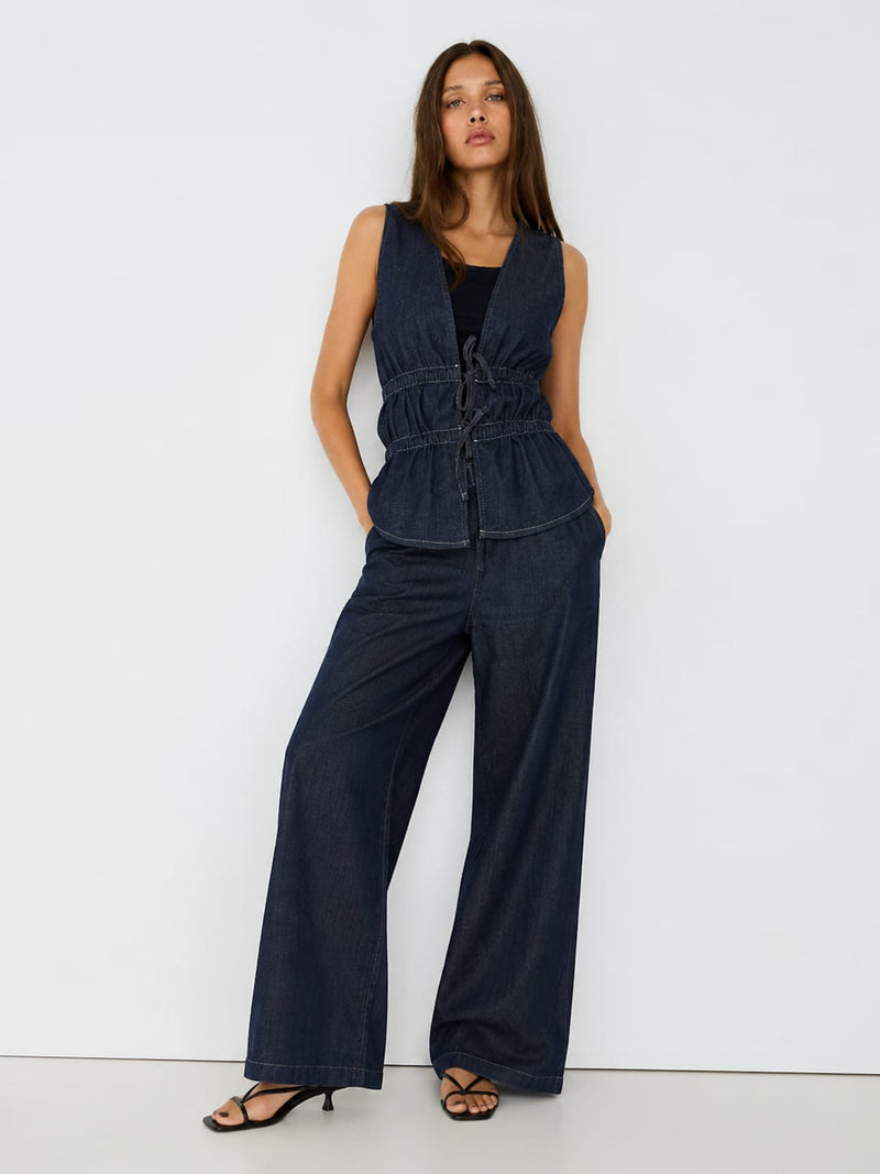 Wide-Leg Drawstring Dark Indigo Denim Pants