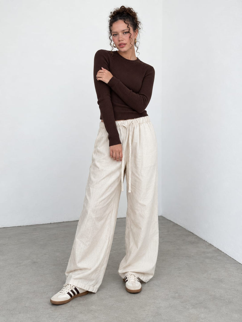 Ecru Wide-Leg Linen-Effect Pants Wide-Leg Linen CIZARO - Cizaro Jeans
