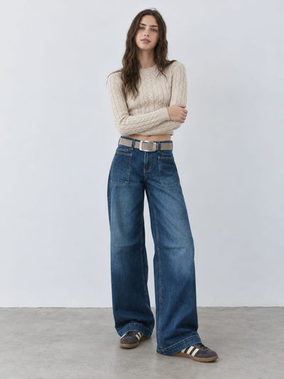 Statement Patch Pocket Relaxed Wide-Leg – High-Waist Washed Blue Jeans Relaxed Wide-Leg CIZARO - Cizaro Jeans