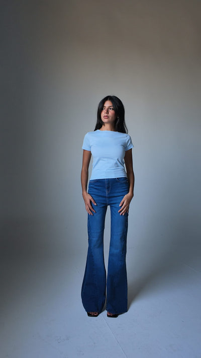 Super Flare – High-Waist Marine Mid Blue Jeans Super Flare CIZARO - Cizaro Jeans