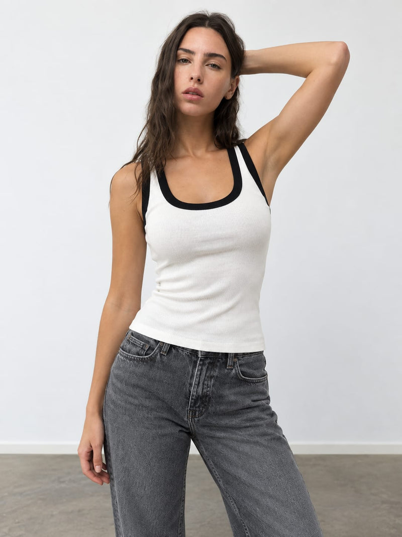 White Contrast Ribbed Tank Top Tank top CIZARO - Cizaro Jeans