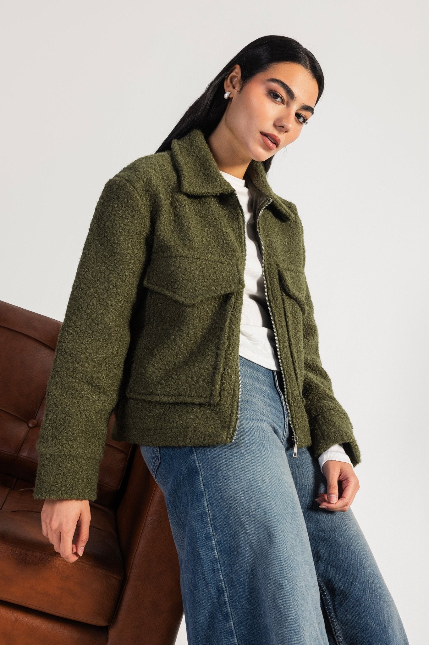 Fax Fur Jacket – Olive jacket CIZARO - Cizaro Jeans
