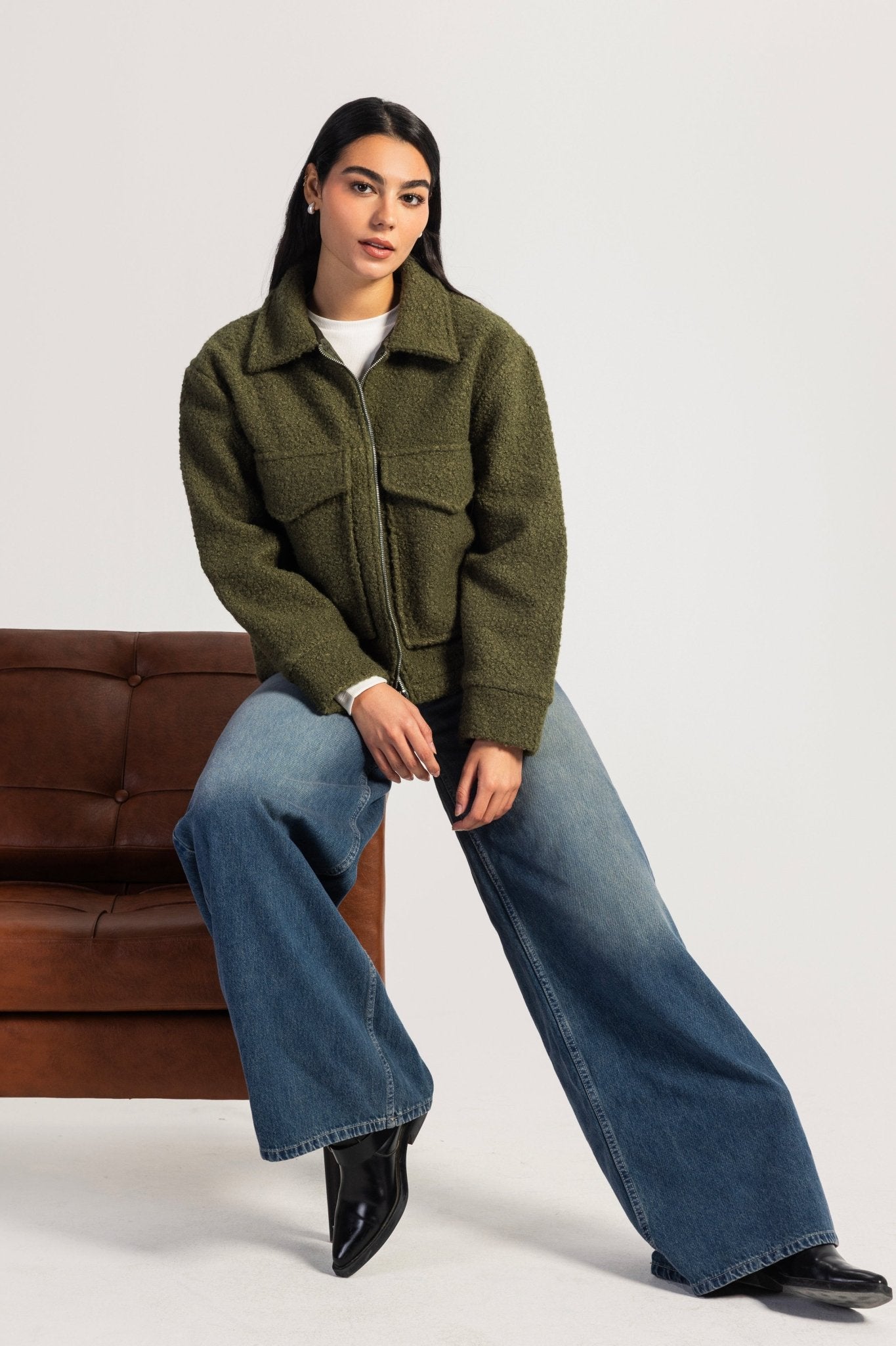 Fax Fur Jacket – Olive jacket CIZARO - Cizaro Jeans