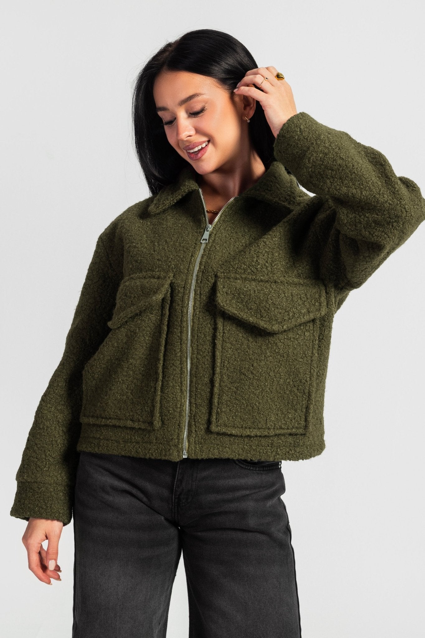 Fax Fur Jacket – Olive jacket CIZARO - Cizaro Jeans