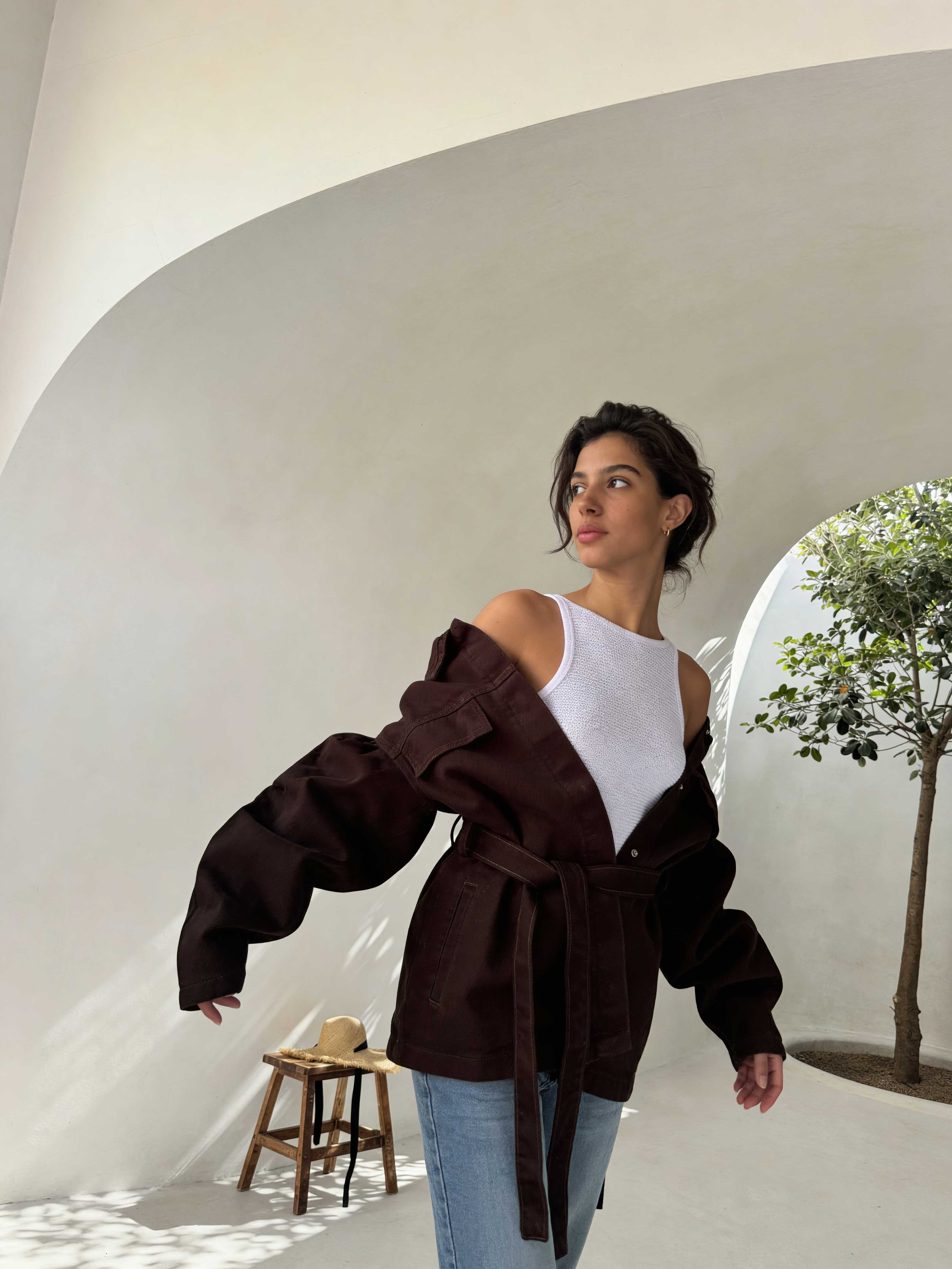 Jacket - Belted Button-Up Oversized Sage Green Denim jacket CIZARO - Cizaro Jeans