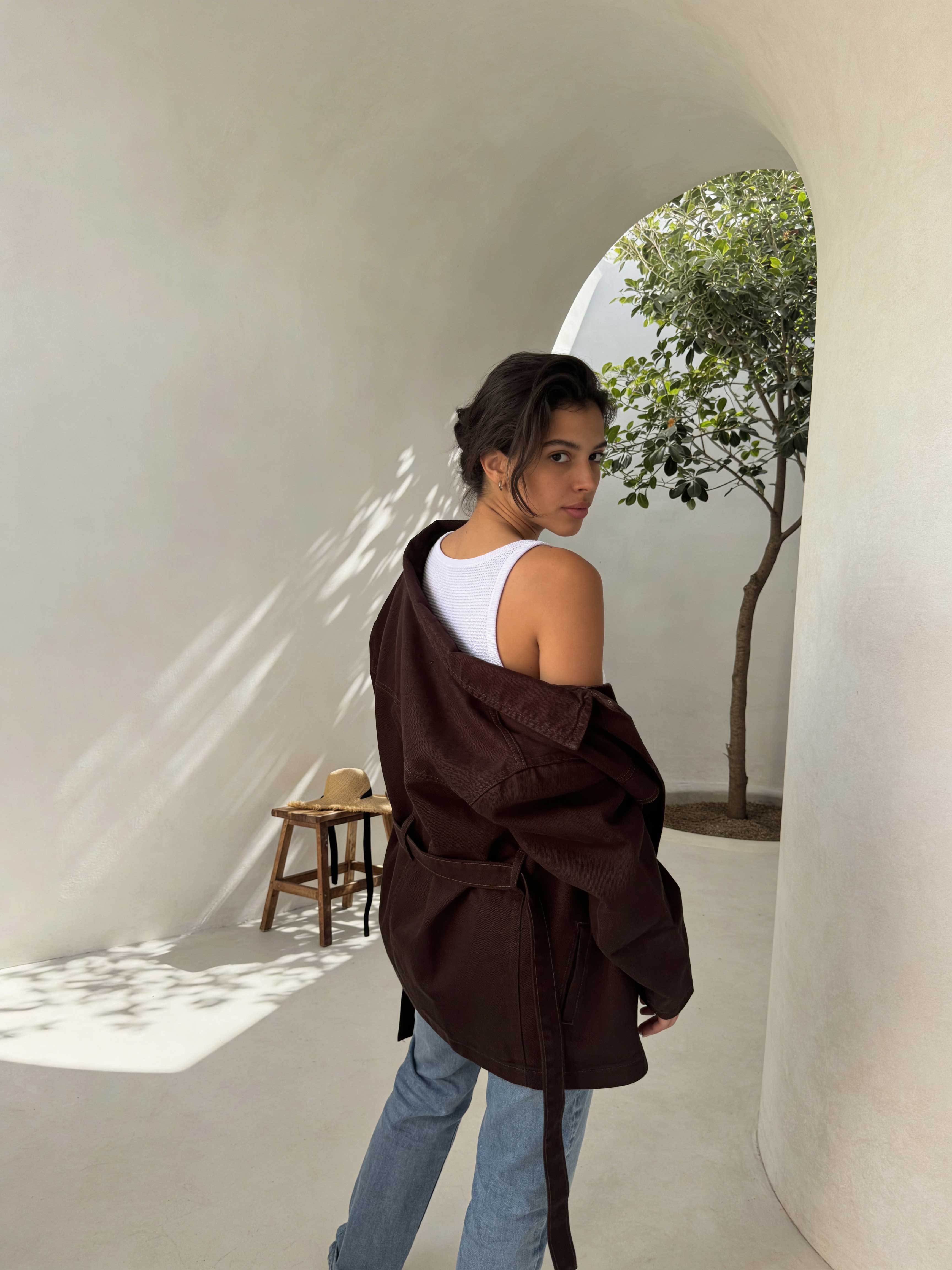 Jacket - Belted Button-Up Oversized Sage Green Denim jacket CIZARO - Cizaro Jeans