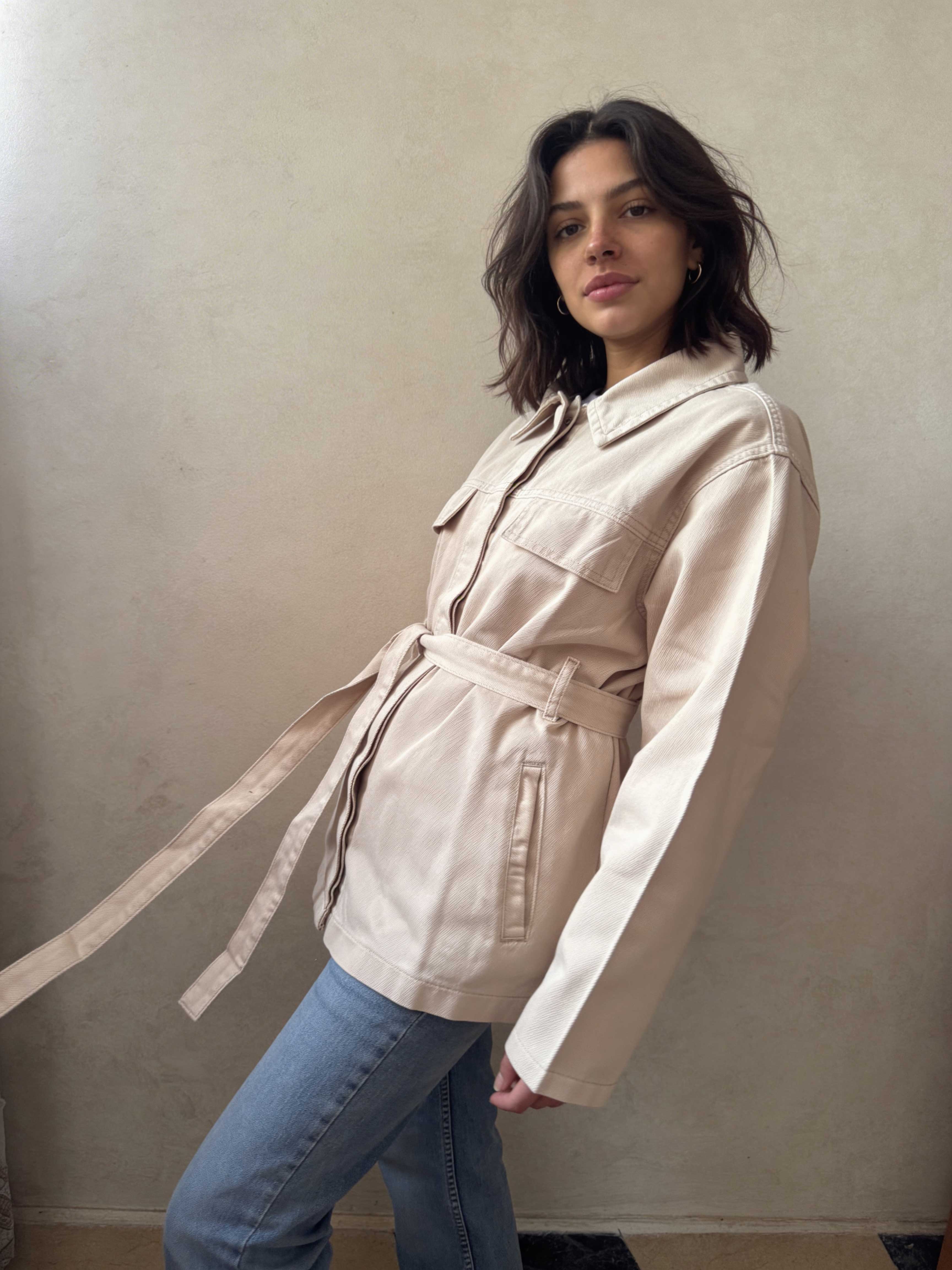 Jacket – Belted Oversized Beige Denim Jacket Jacket CIZARO - Cizaro Jeans