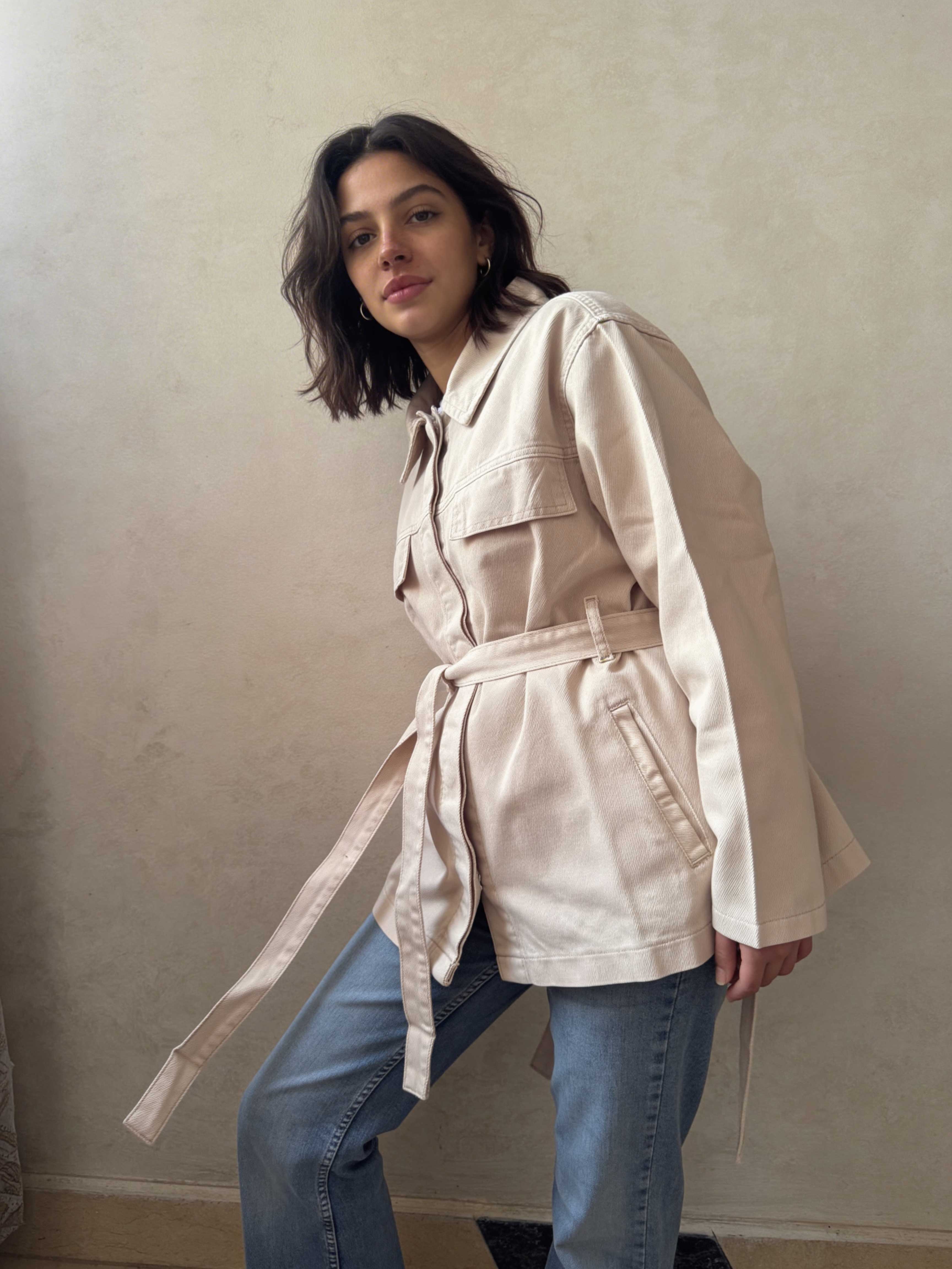 Jacket – Belted Oversized Beige Denim Jacket Jacket CIZARO - Cizaro Jeans